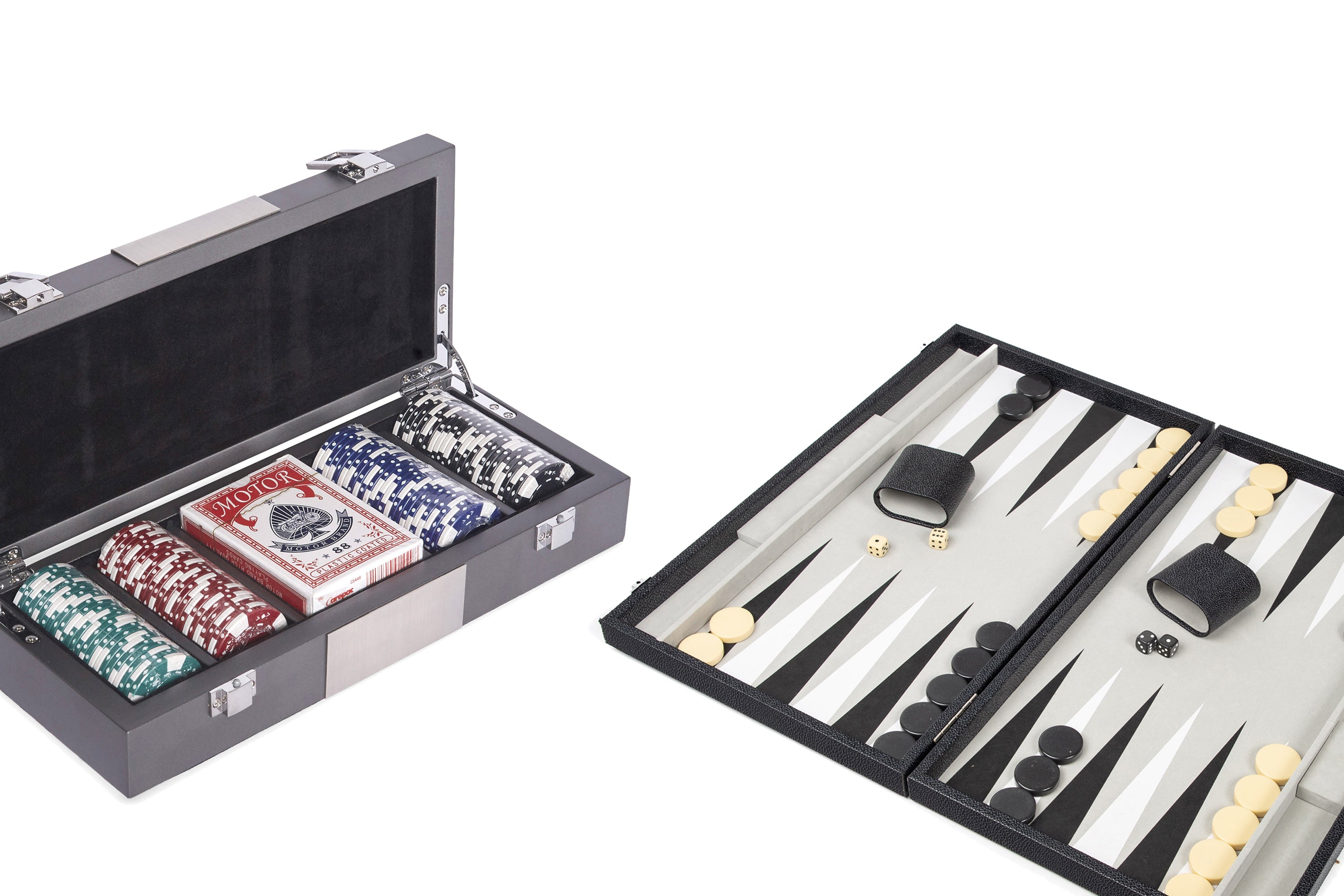 A poker set with chips and playing cards sits next to an open backgammon board with black and white pieces, dice, and cups on a white background.