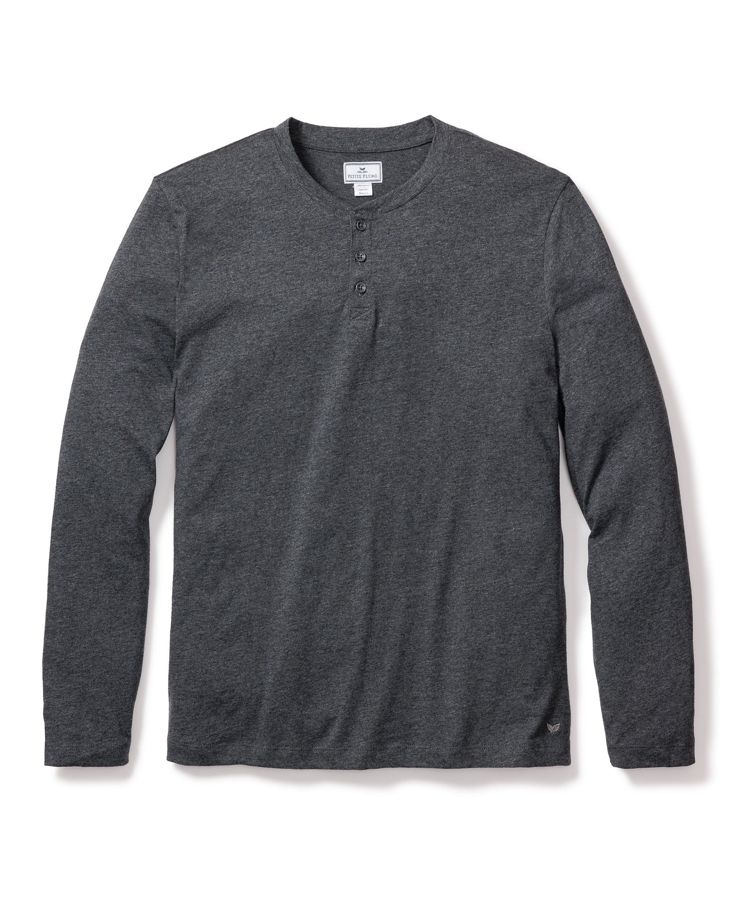 The Mens Pima Henley in Dark Heather Grey by Petite Plume features a round neckline, long sleeves, and four front buttons. Made from soft, lightweight Peruvian Pima cotton, its perfect for luxurious pajamas and is shown against a plain white background.