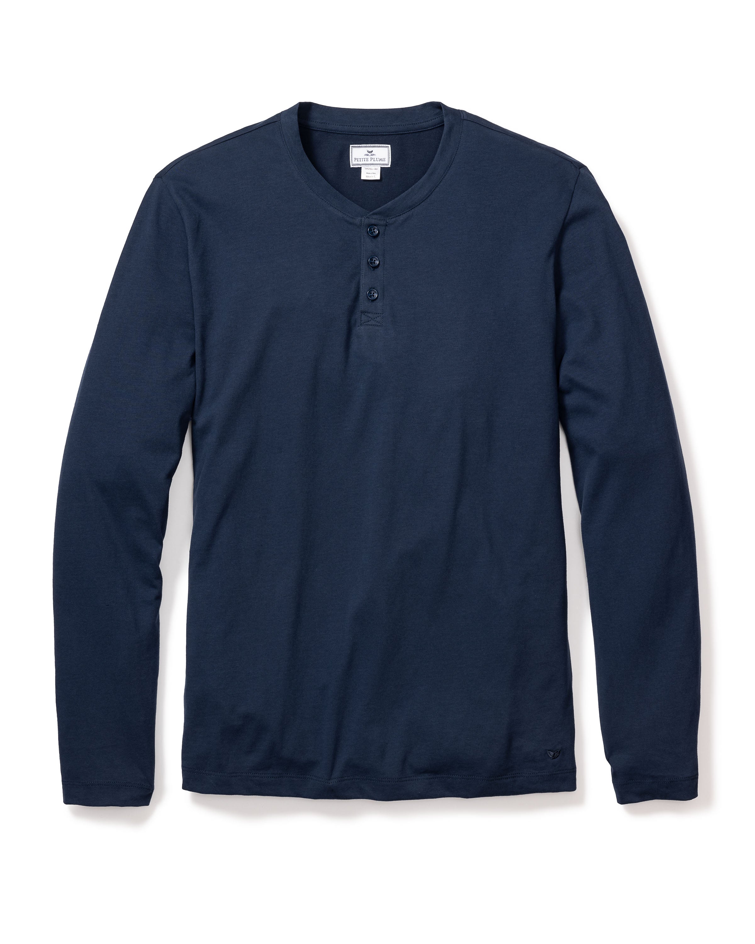 The Mens Pima Henley in Navy by Petite Plume features a soft Peruvian Pima cotton fabric and a classic three-button placket. Its simple design makes it an ideal addition to your bedtime routine, displayed on a white background for clarity.