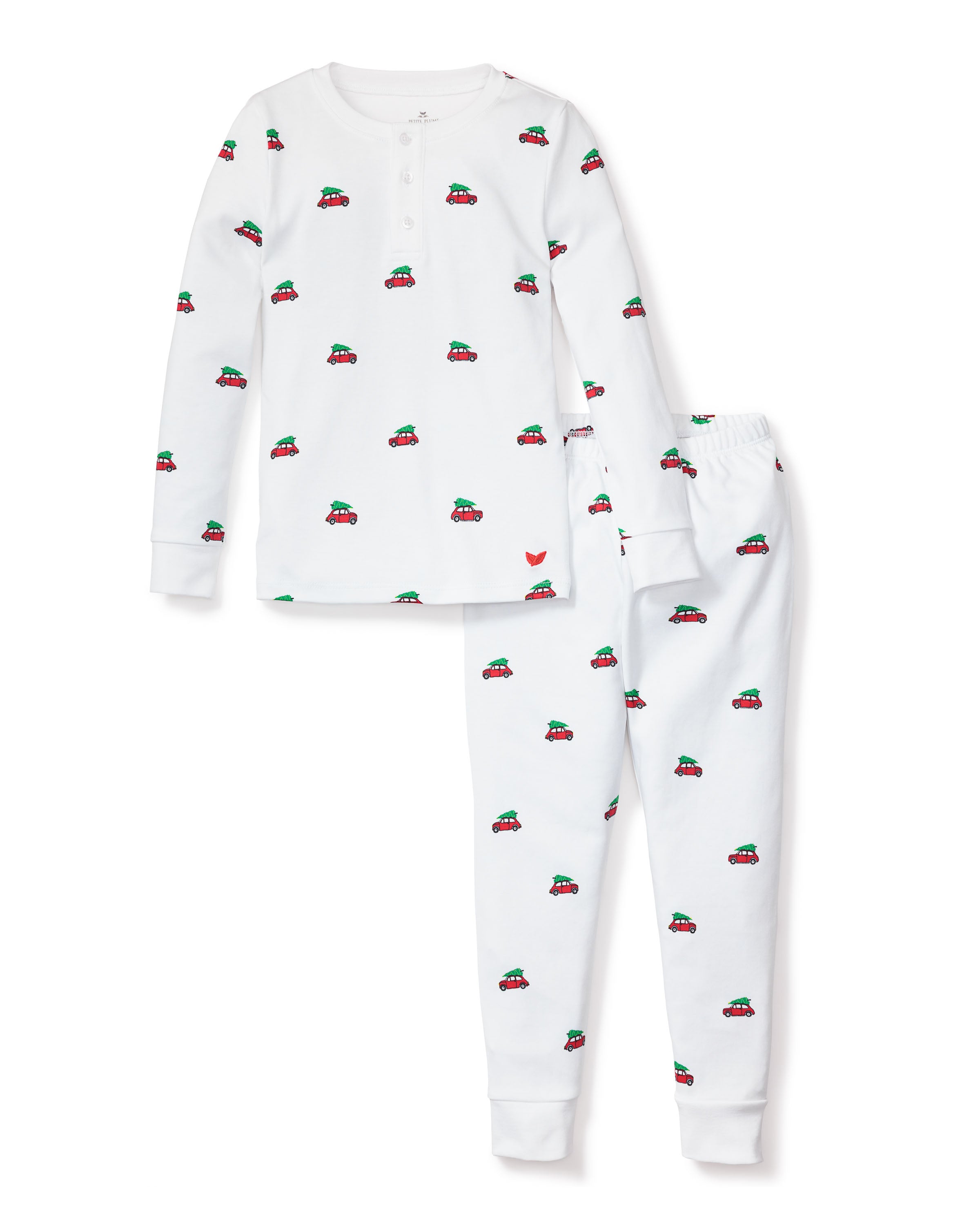 The Kids Pima Snug Fit Pajama Set in Holiday Journey by Petite Plume features a long-sleeve top with a buttoned neckline and elastic-waist pants. Made from soft Pima cotton, it showcases red and green car designs for comfort and style.