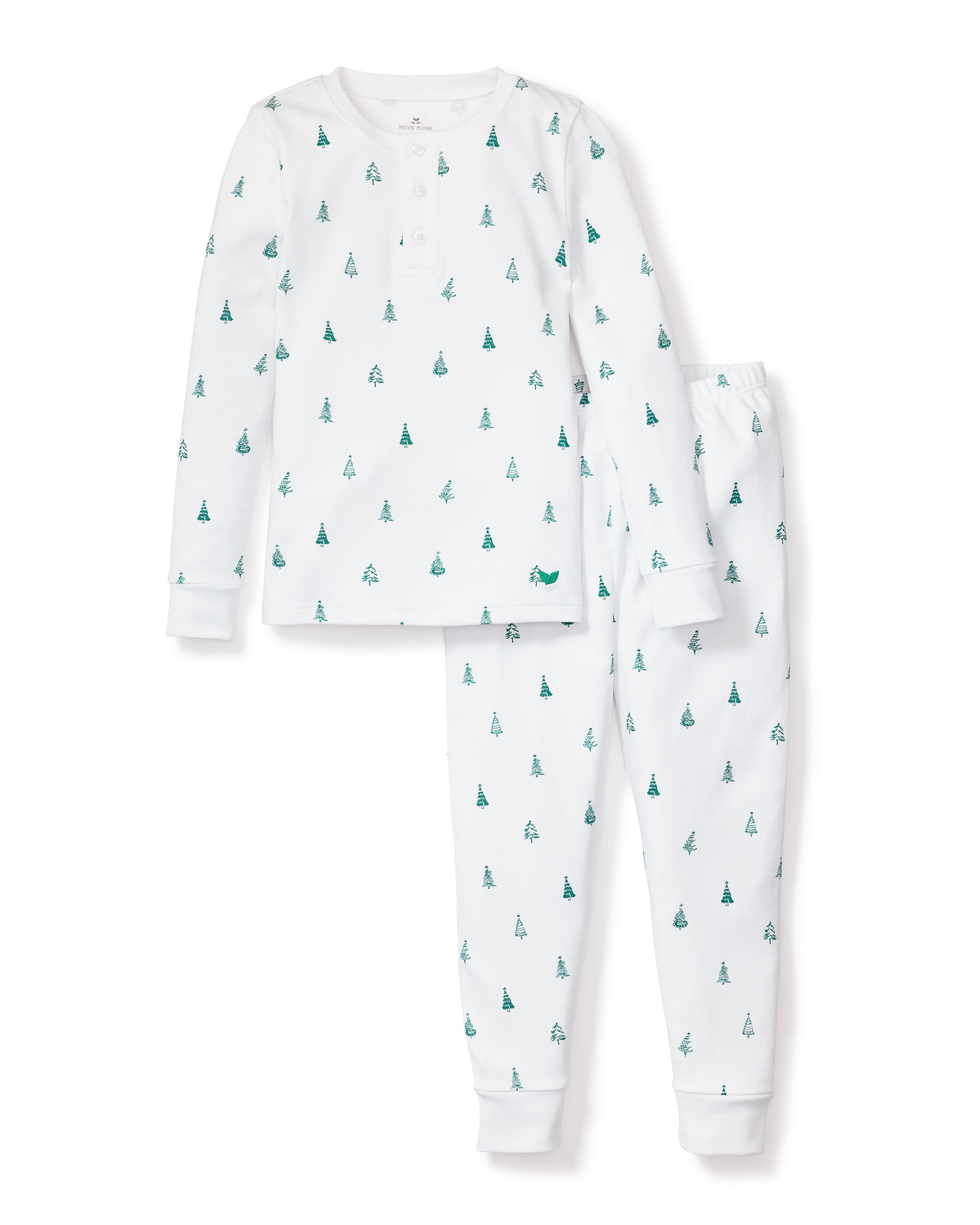 Petite Plumes Kids Pima Snug Fit Pajama Set in Evergreen Trees offers luxurious sleepwear made from soft Pima cotton. This long-sleeve top and pant set features small green tree prints with a buttoned top and elastic waistband pants, designed for ultimate comfort and style.