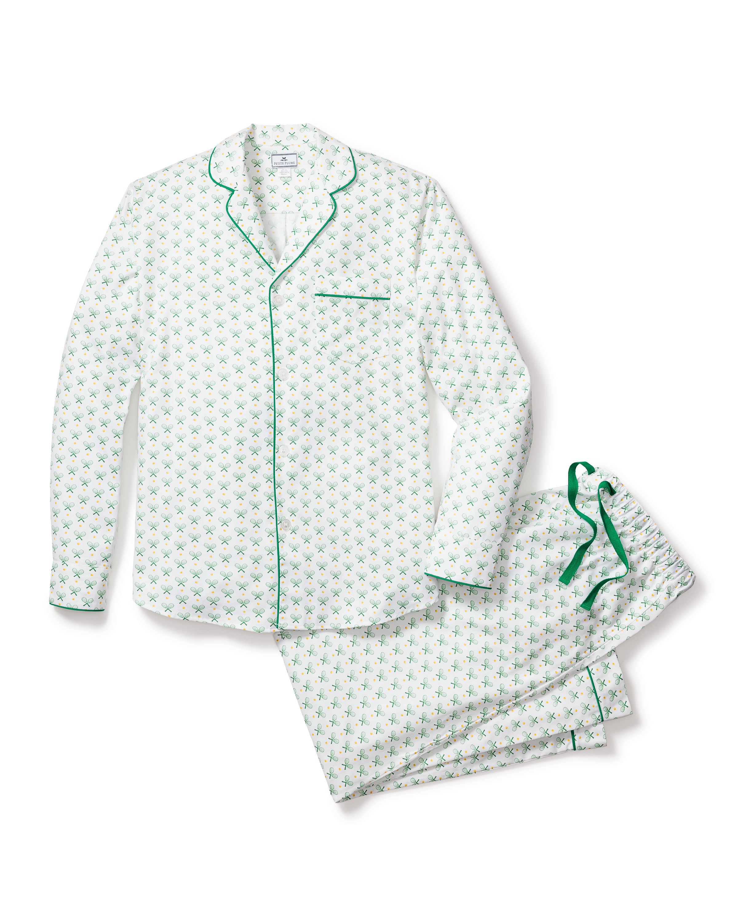 The Mens Twill Pajama Set in Match Point by Petite Plume features a long-sleeved shirt and pants made from high-quality cotton with a white background and small green geometric pattern, accented by green piping and a shirt pocket for a stylish and comfortable nights sleep.