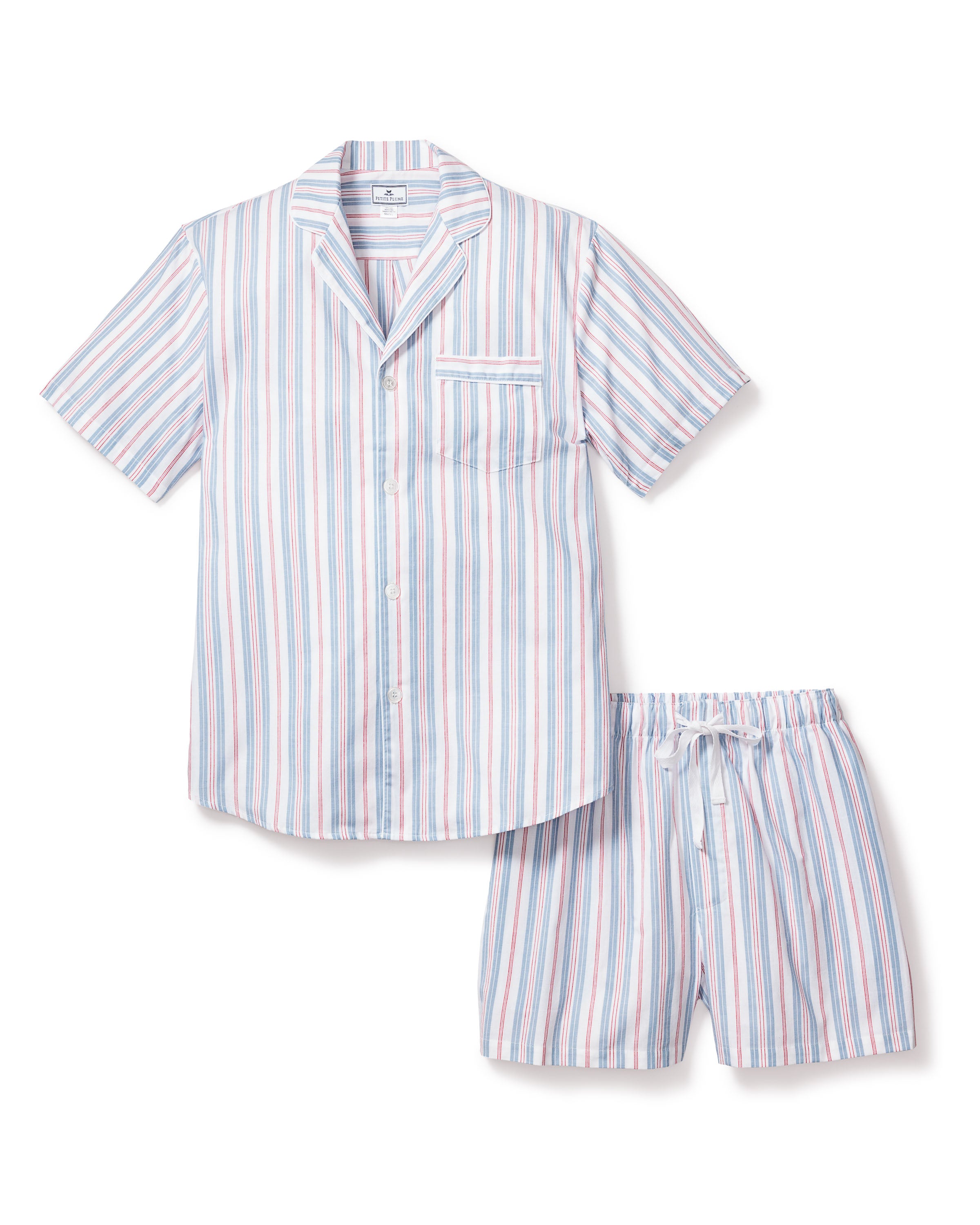 The Petite Plume (MONOGRAMMING DEMO) Mens Twill Pajama Short Set in Vintage French Stripes includes a 100% cotton button-up shirt with a chest pocket and shorts featuring an elastic waistband and drawstring, adorned with pastel blue, pink, and white stripes for ultimate luxury sleepwear comfort.