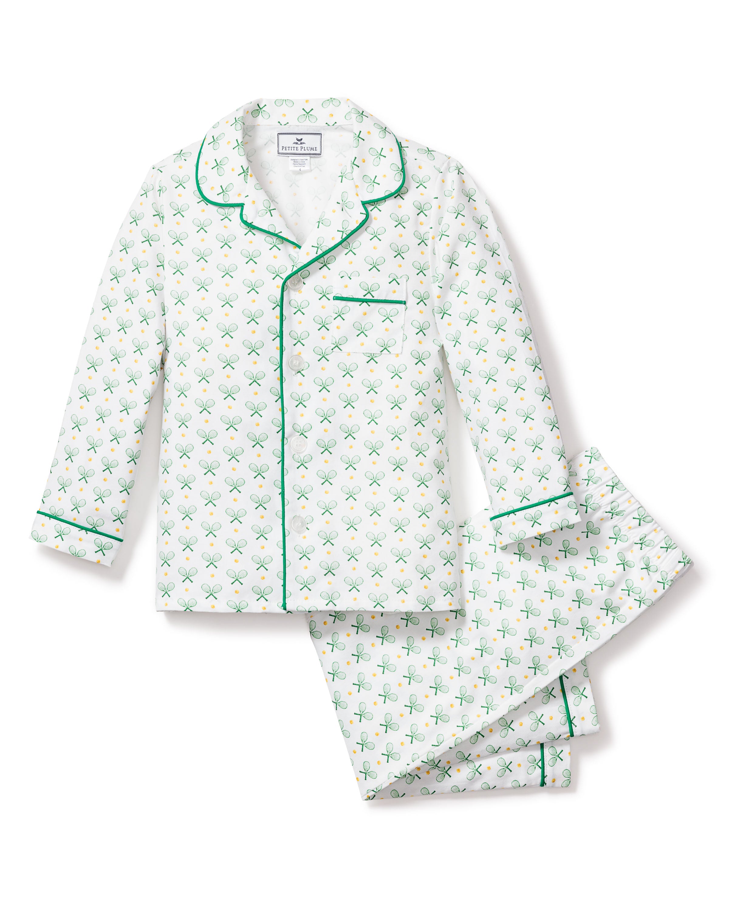 Experience luxurious sleepwear with Petite Plumes Kids Twill Pajama Set in Match Point, featuring a charming green tennis racket pattern and elegant green piping. This set includes a long-sleeve button-up top with a chest pocket and matching pants, perfect for restful nights.