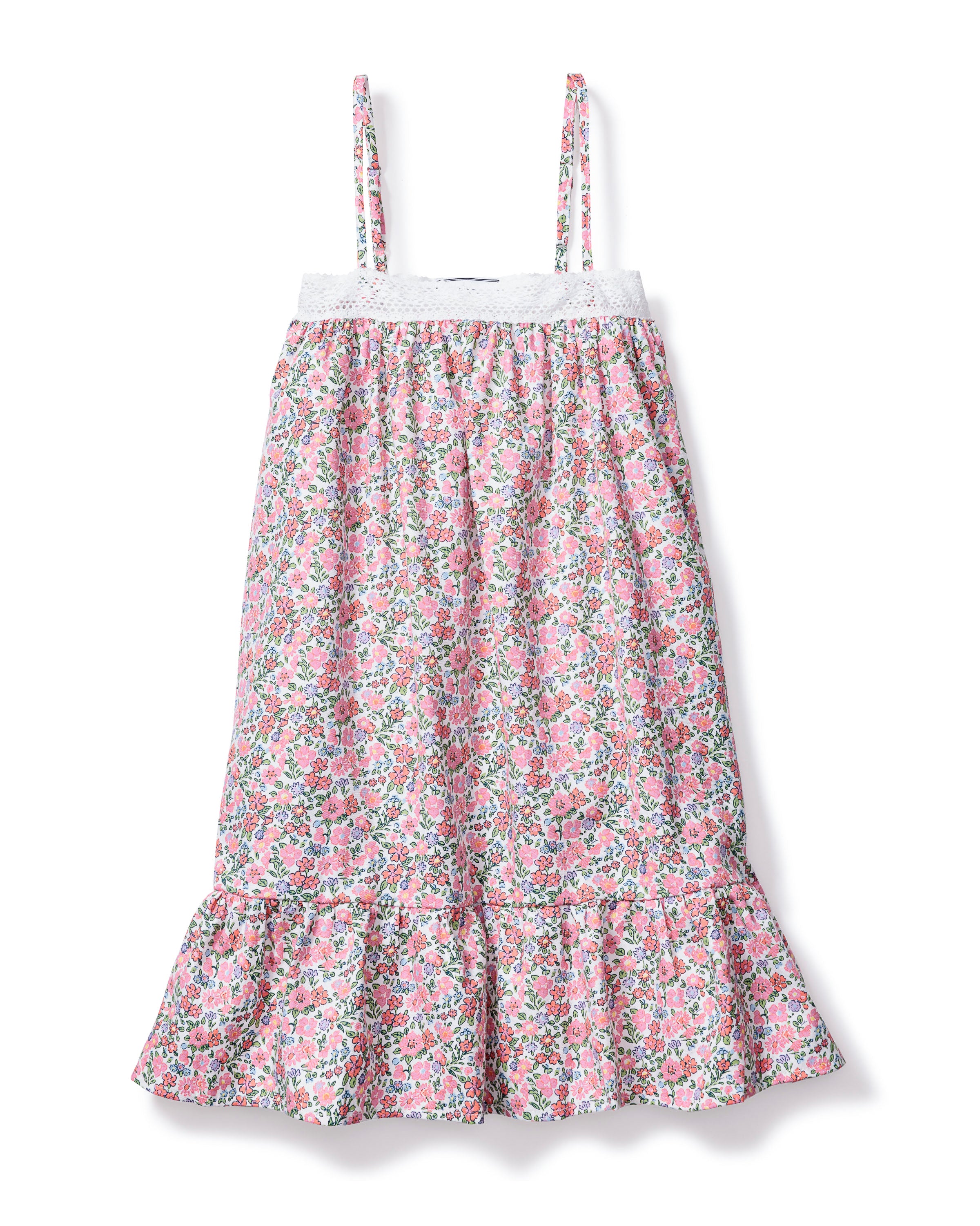 The Girls Twill Lily Nightgown in Fleurs de Rose by Petite Plume features a sleeveless design with thin straps, showcasing a multicolored floral print primarily pink and green, complemented by a ruffled hem and white lace trim at the top, all set against a plain white background.