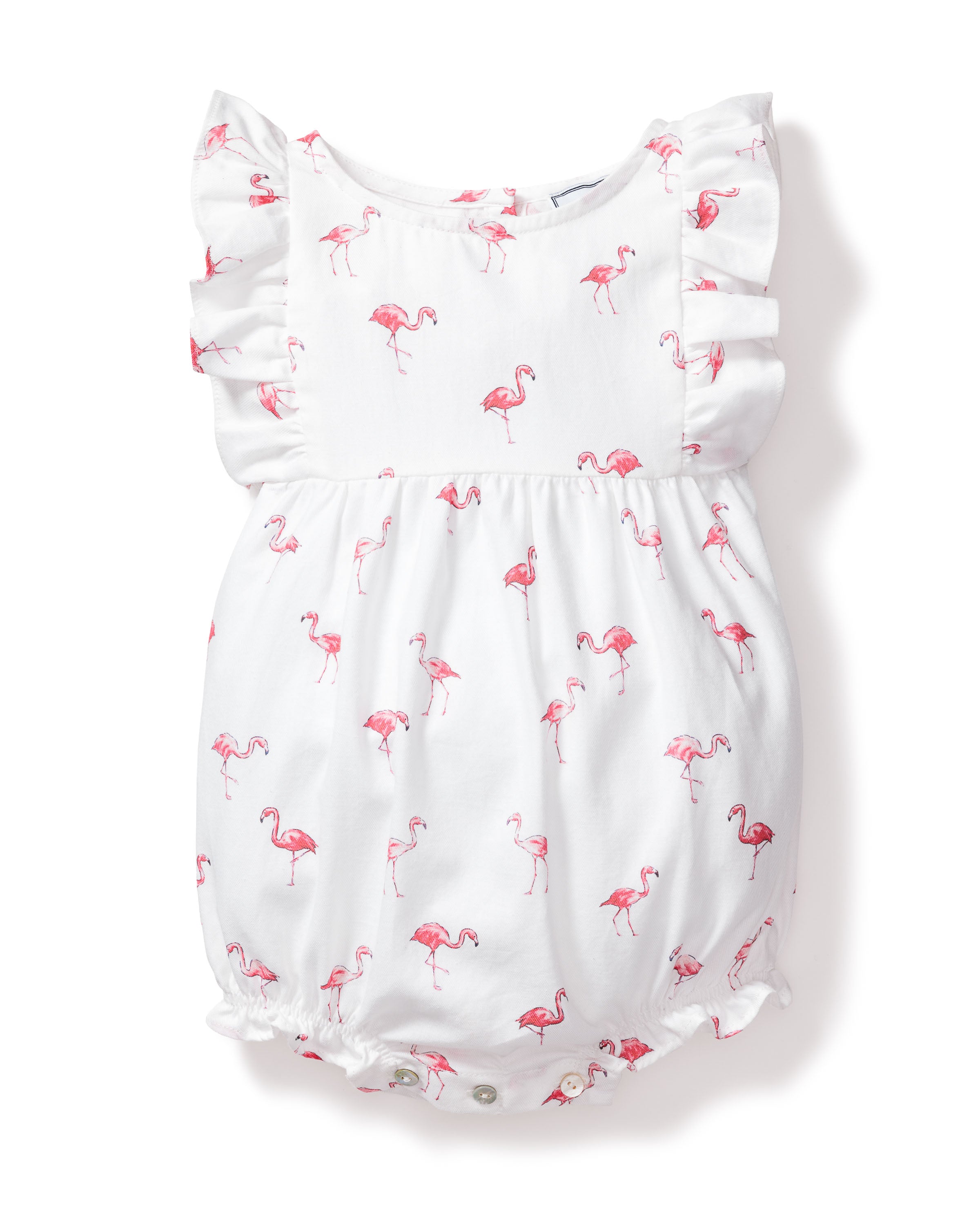 The Petite Plume Babys Twill Ruffled Romper in Flamingos combines luxury and tropical flair with its playful pink flamingo print, ruffled sleeves, and convenient bottom snaps for easy changing.