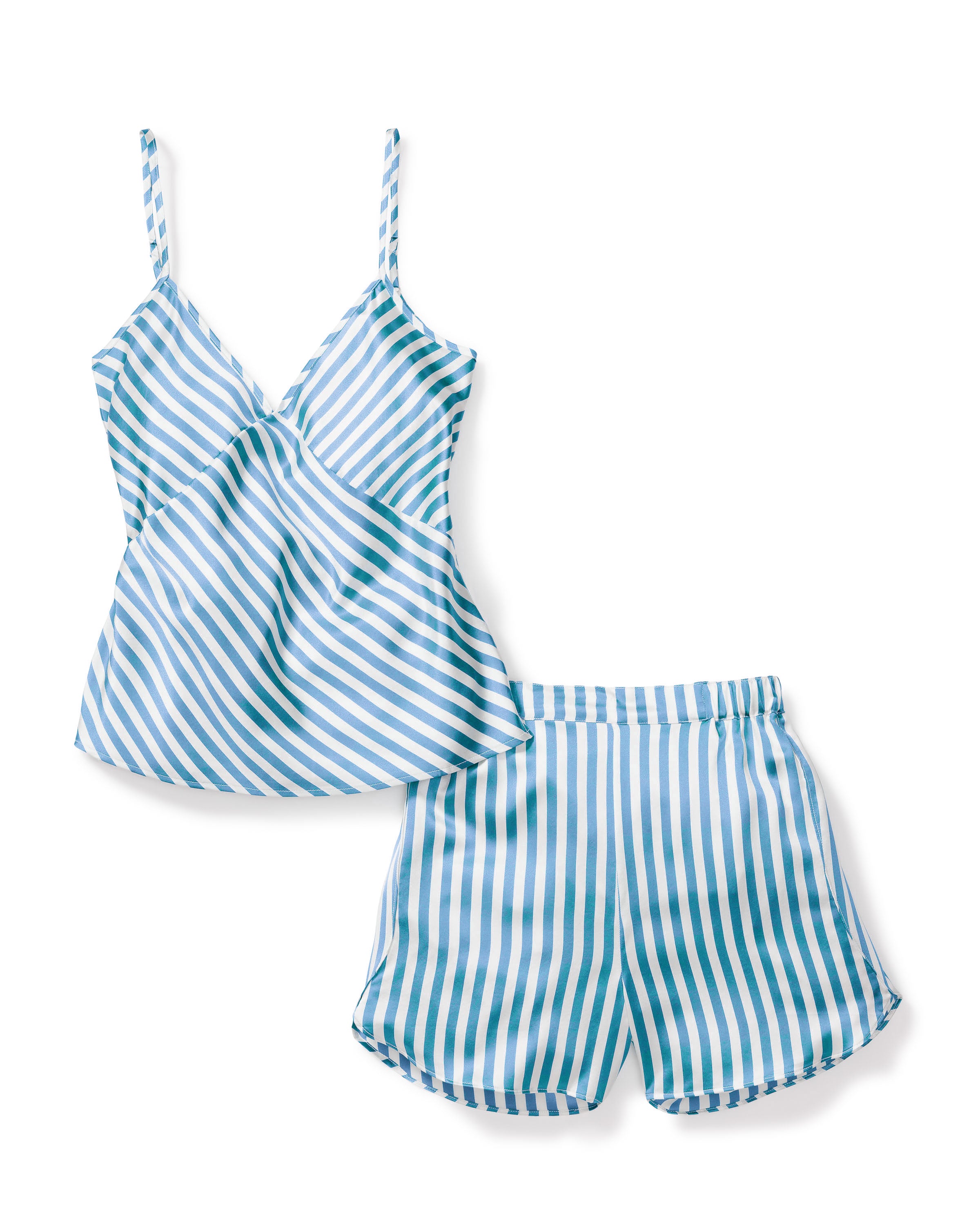 The Womens Silk Cami Short Set in Azure Stripe by Petite Plume features a sleeveless top with thin straps and matching shorts, boasting elegant vertical stripes and a lightweight fabric for maximum comfort.