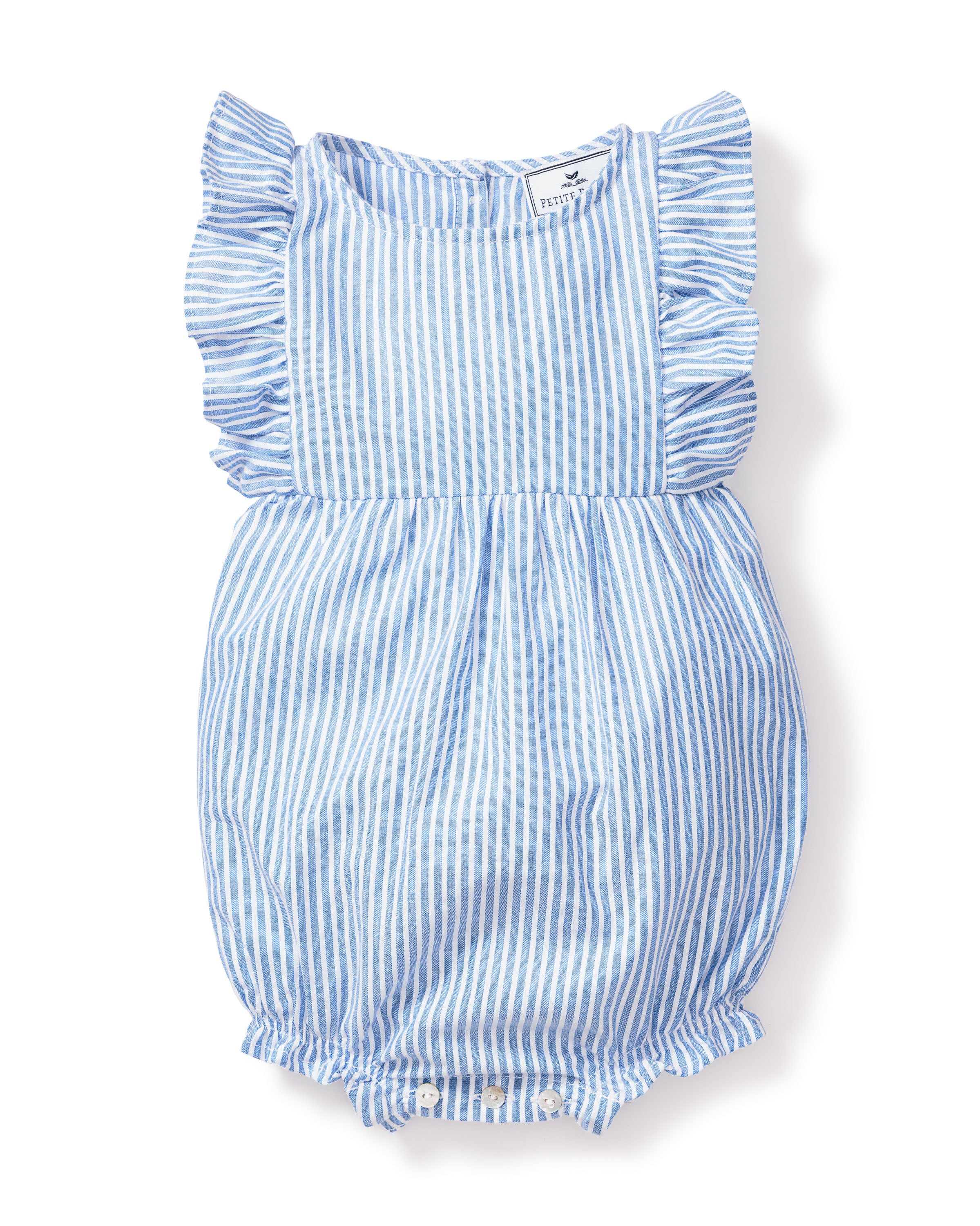 The Petite Plume Babys Twill Ruffled Romper, in French Blue Seersucker, features blue and white stripes, ruffled sleeves, and bottom button closures. Made from flame-retardant fabric, it offers style and safety for restful nights.