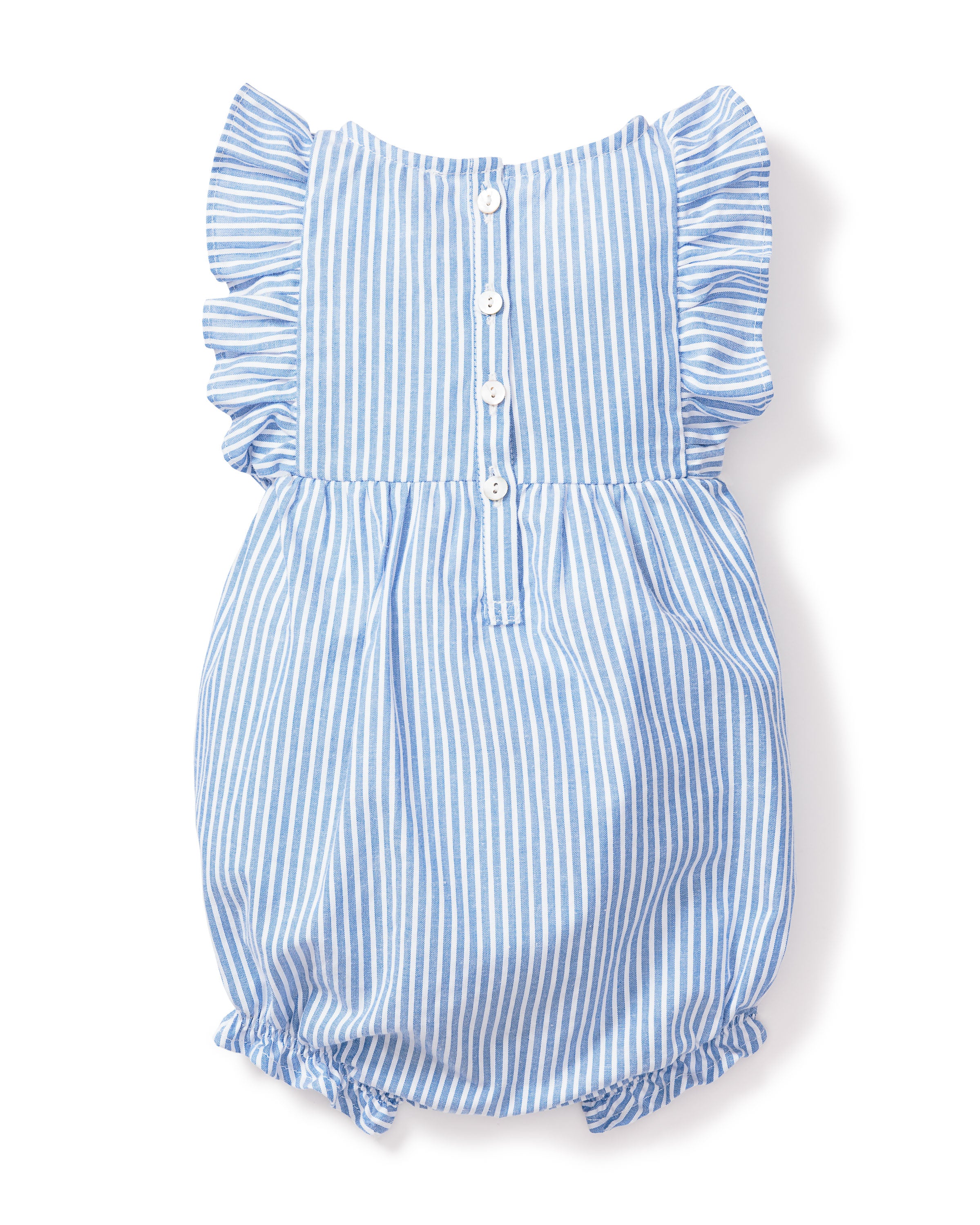 The Petite Plume Babys Twill Ruffled Romper in French Blue Seersucker features a luxurious blue and white stripe design with ruffled sleeves, front buttons, and an elasticized waist and leg openings for comfort during sleep.