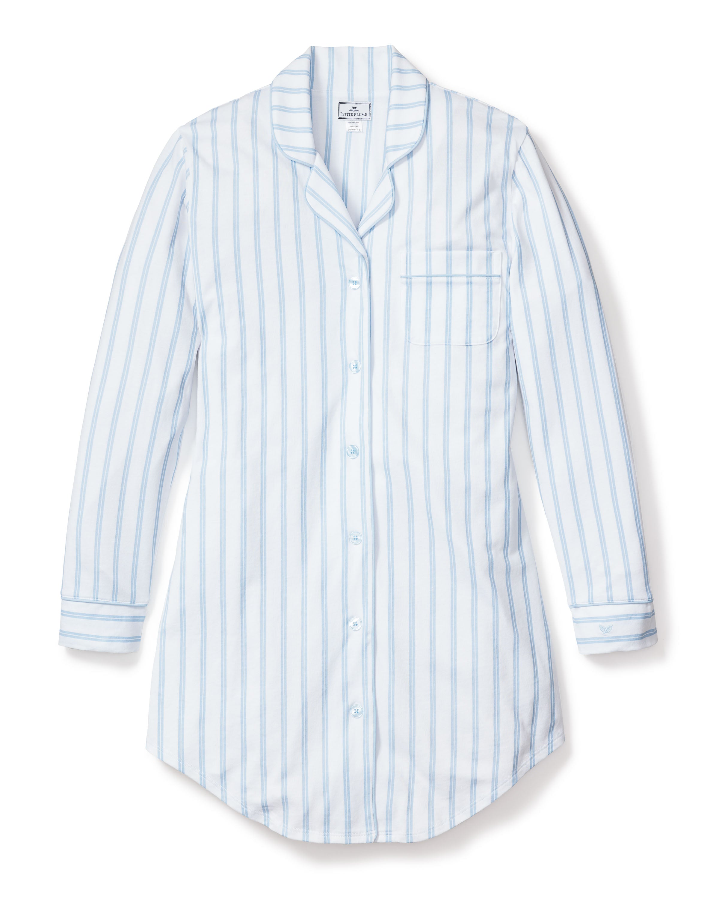The Womens Pima Nightshirt in Periwinkle and White Stripe by Petite Plume features long sleeves, a button-up front, chest pocket, and collar, crafted from soft Peruvian Pima cotton—luxurious pajamas shown laid flat on a white background.