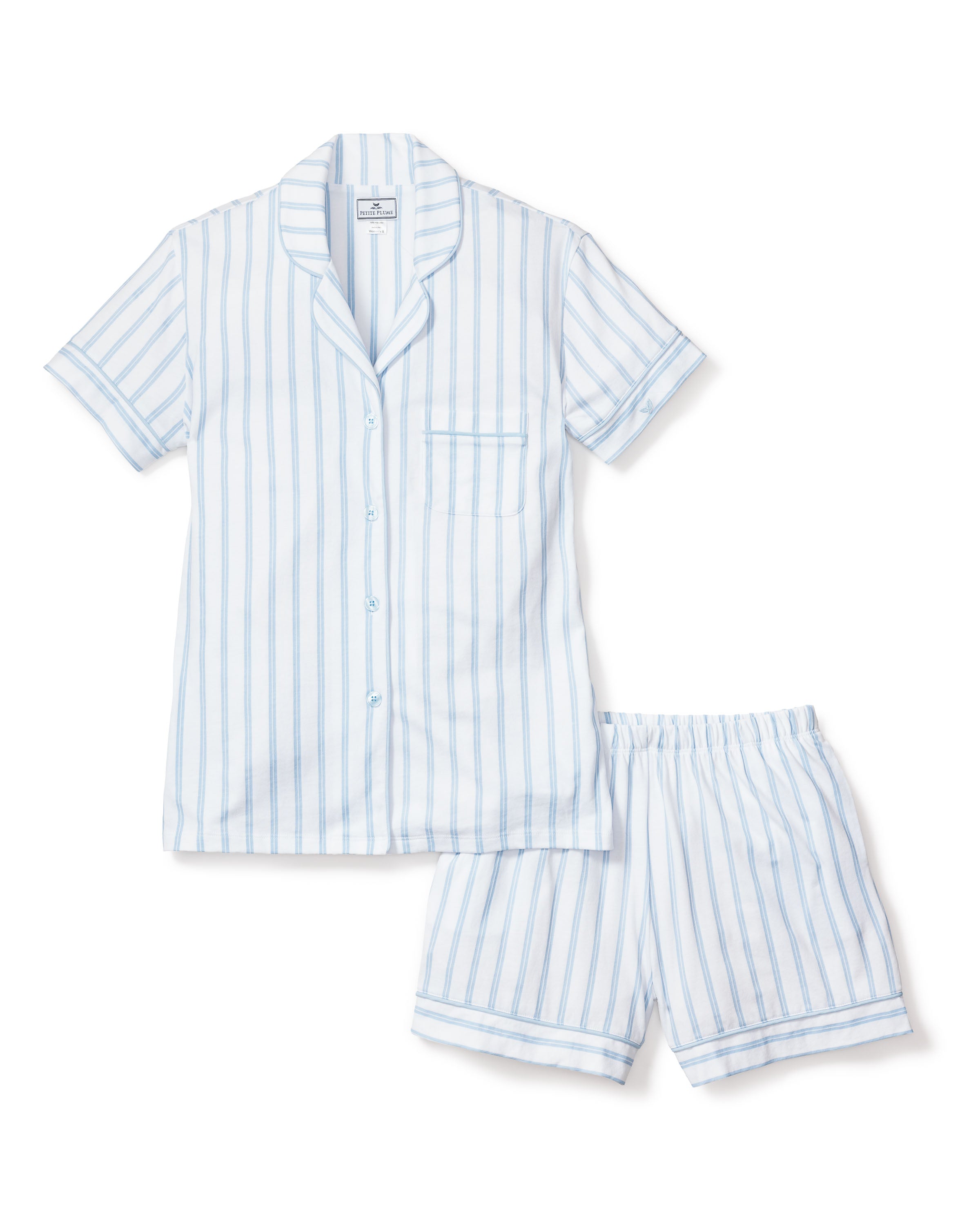 The Petite Plume Womens Pima Pajama Short Set in Periwinkle and White Stripe features soft Pima cotton, a collared button-up shirt with chest pocket, and matching shorts for luxurious comfort.