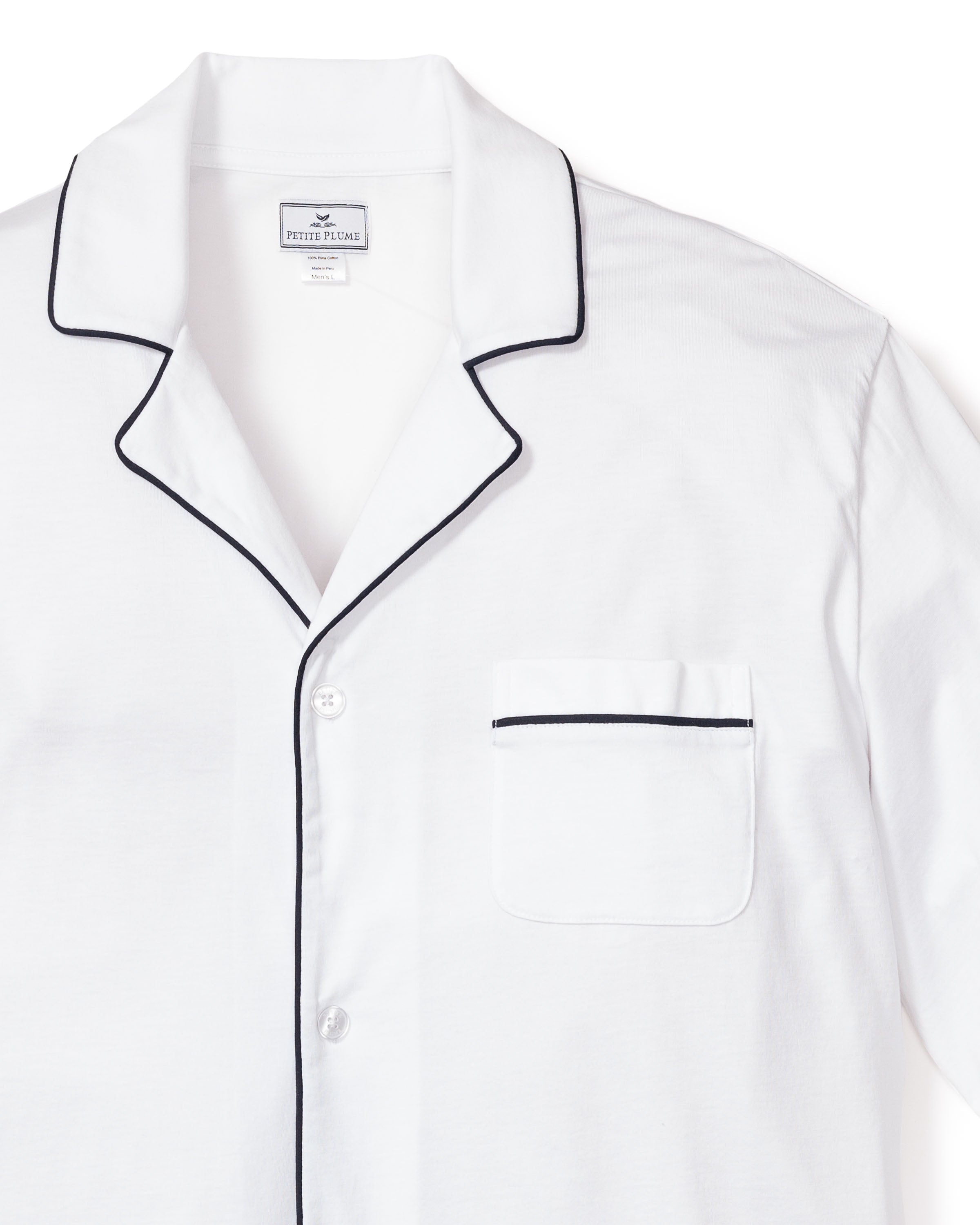 Men's Pima Pajama Set in Navy in White with Navy Piping#Color_White with Navy Piping