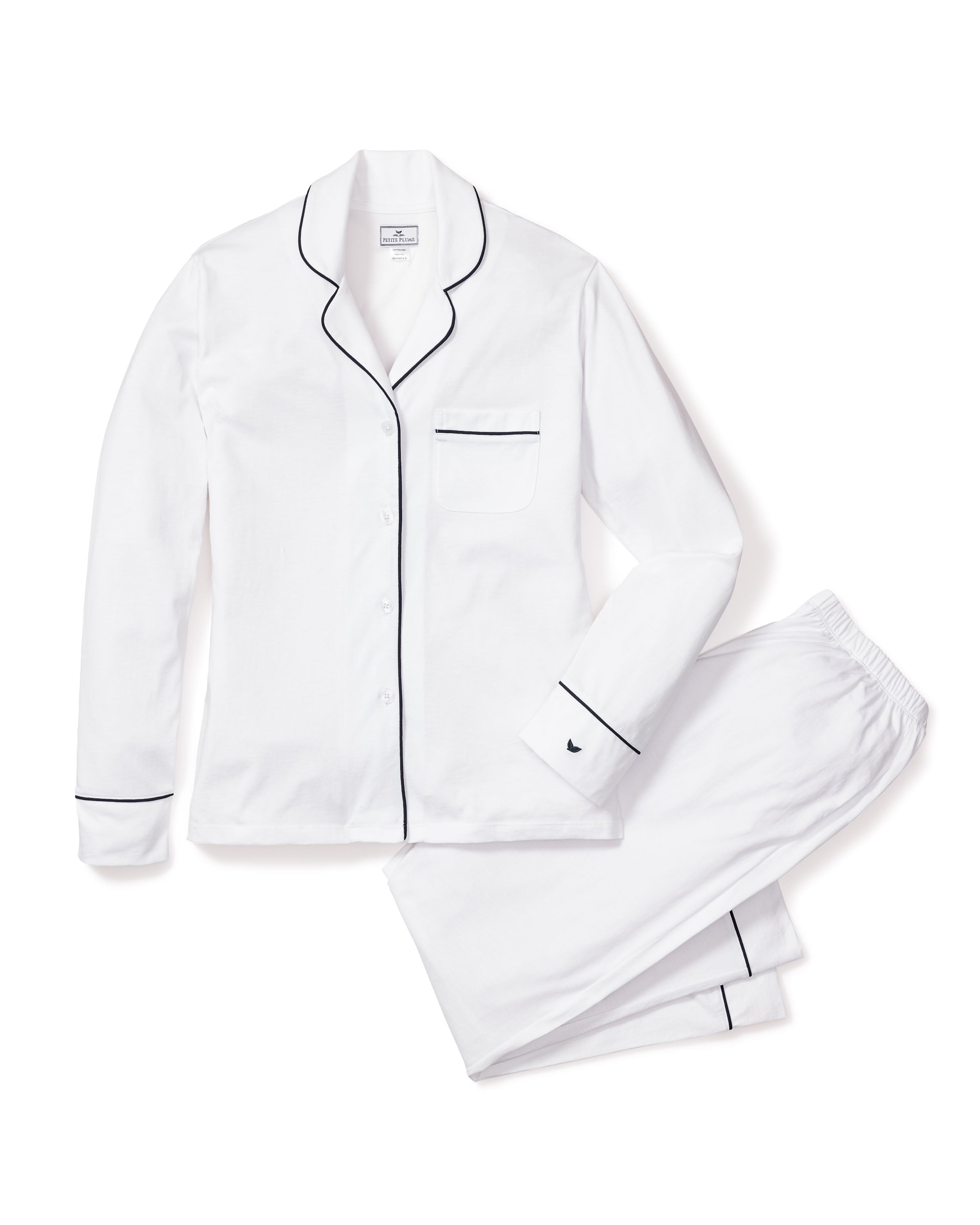 Indulge in luxury sleepwear with Petite Plumes Womens Pima Pajama Set, crafted from sumptuous Peruvian Pima cotton. This set, in white with navy piping, includes a long-sleeve button-up shirt and matching pants for an elegant touch of chic sophistication.
