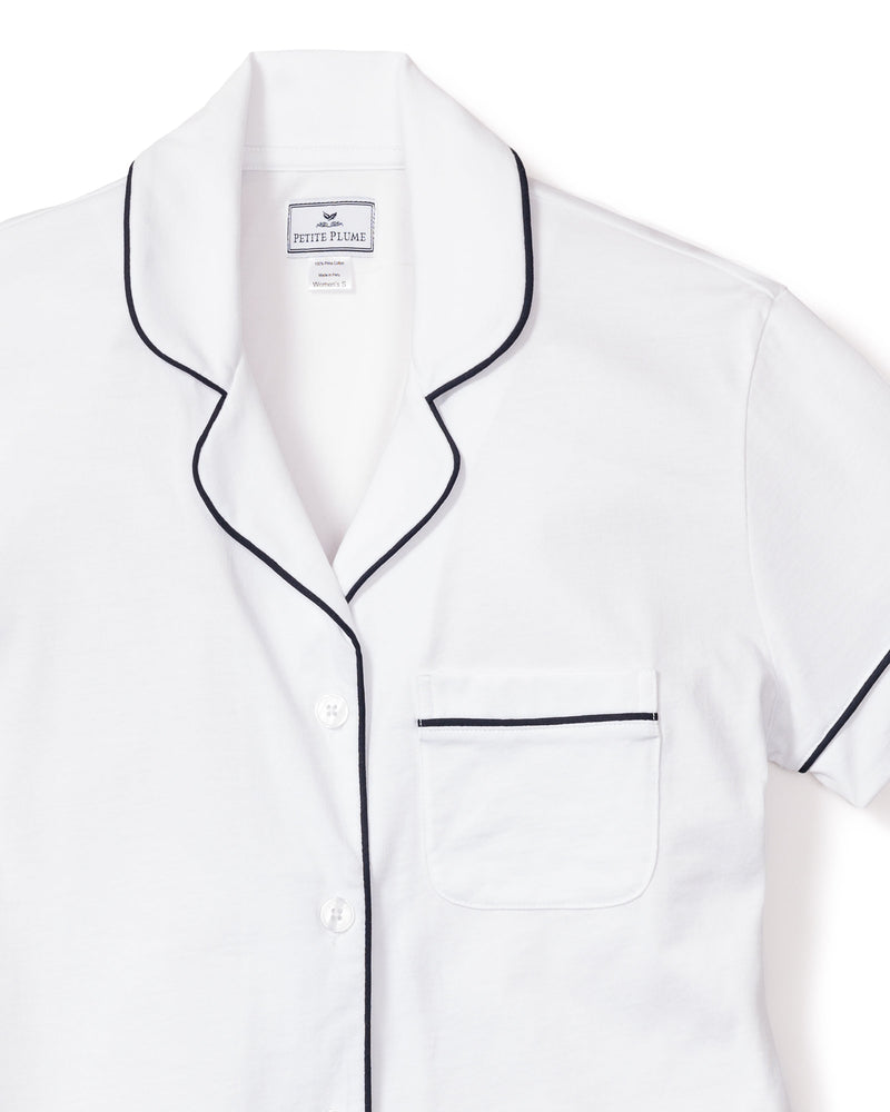 Women's Pima Pajama Short Set in White with Navy Piping