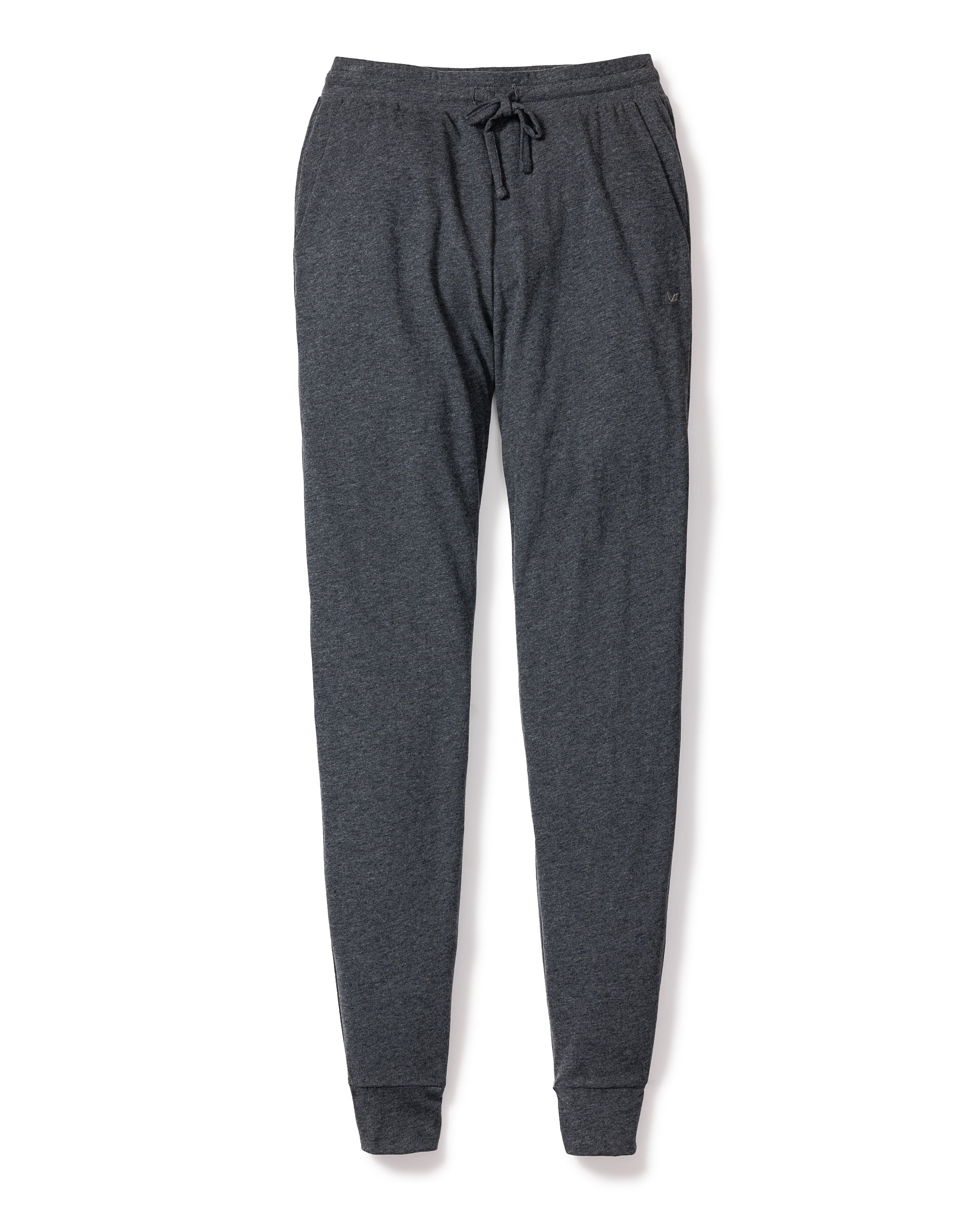 The Womens Pima Lounge Pants in Dark Heather Grey by Petite Plume feature cuffed ankles, an elastic waistband with drawstring, and are made from 100% Peruvian Pima cotton for a soft, luxurious feel ideal for sleepwear.