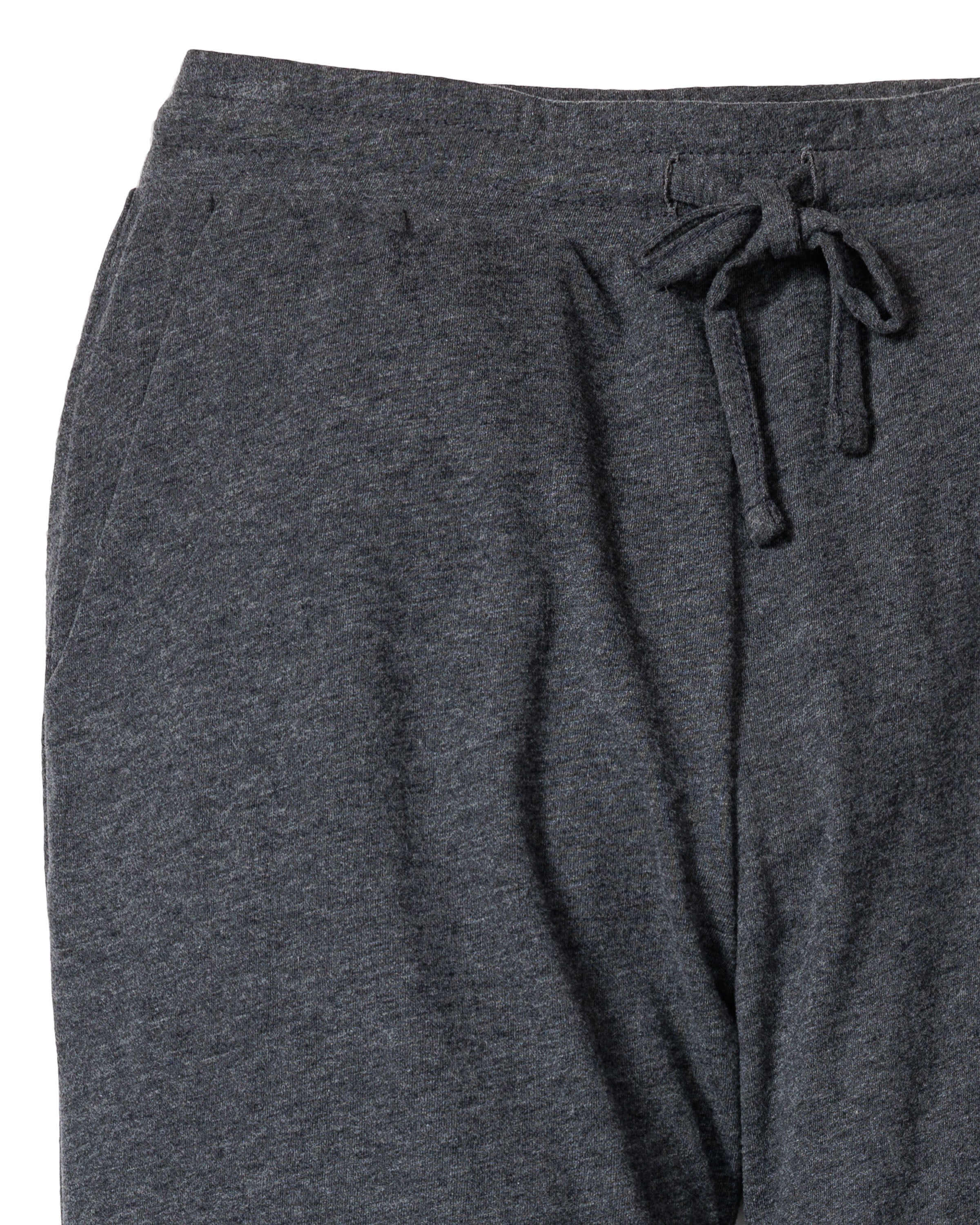 A close-up of Petite Plumes Womens Pima Lounge Pants in Dark Heather Grey highlights an elastic waistband with drawstring and side pocket, crafted from 100% Peruvian Pima cotton. The soft fabric is perfect for luxury sleepwear or casual wear.