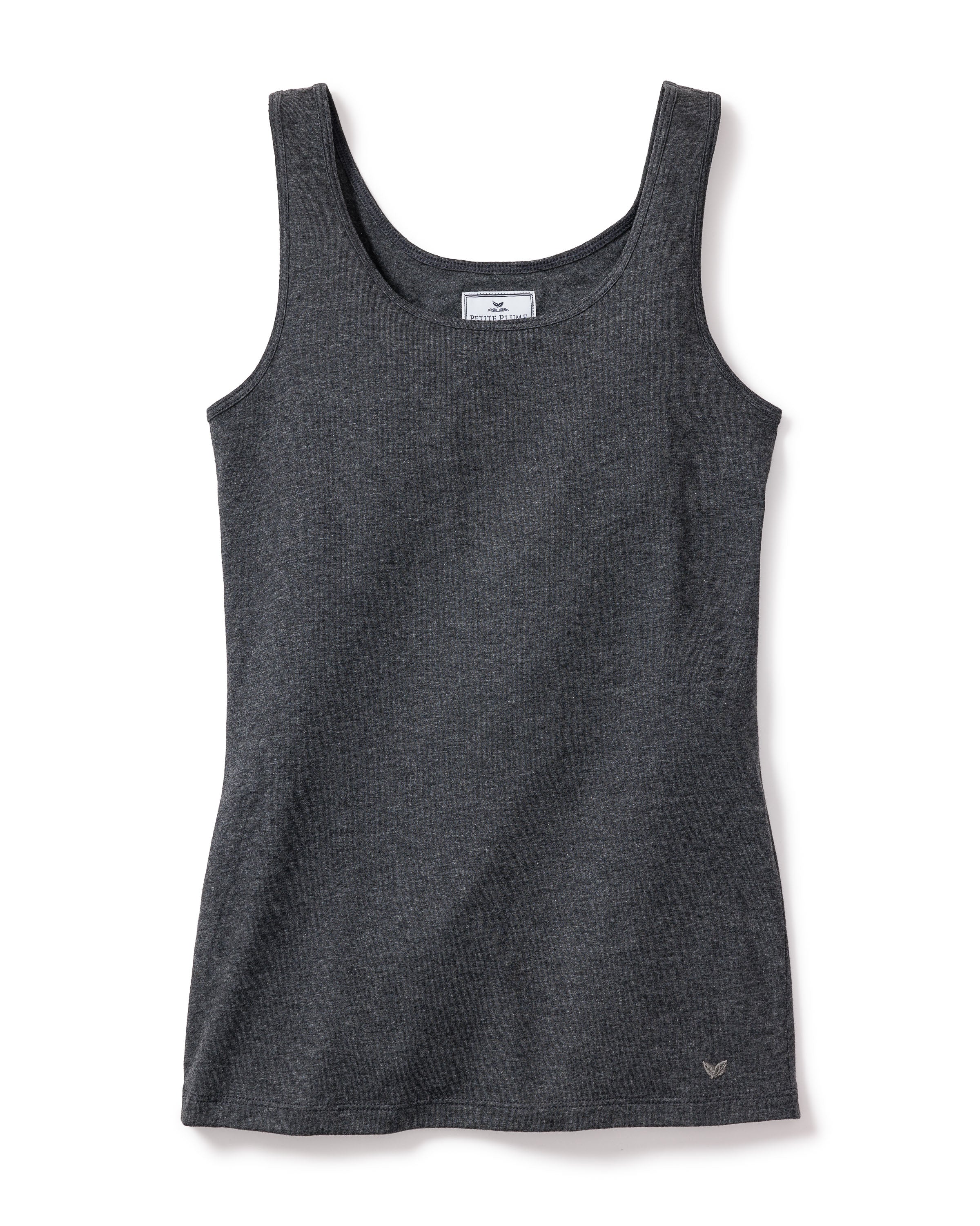 The Womens Pima Tank Top by Petite Plume, in Dark Heather Grey, features a rounded neckline and is made from soft Peruvian Pima cotton. It includes a subtle logo on the hem and exudes luxurious pajama comfort while lying flat on a white background.