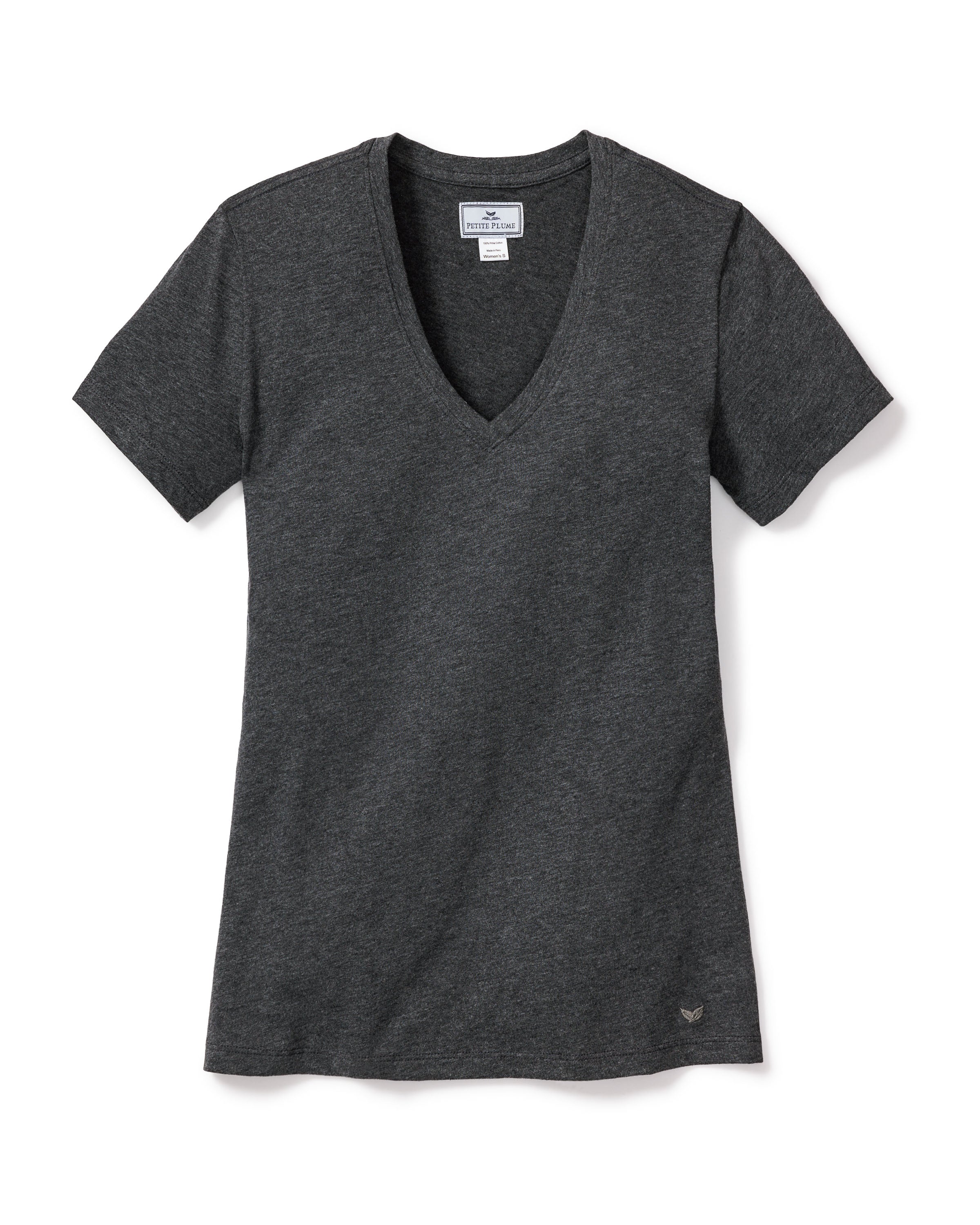 The Petite Plume Womens Pima Short Sleeve Top in Dark Heather Grey, a soft Peruvian Pima cotton V-neck T-shirt with short sleeves, is displayed flat on a white background.