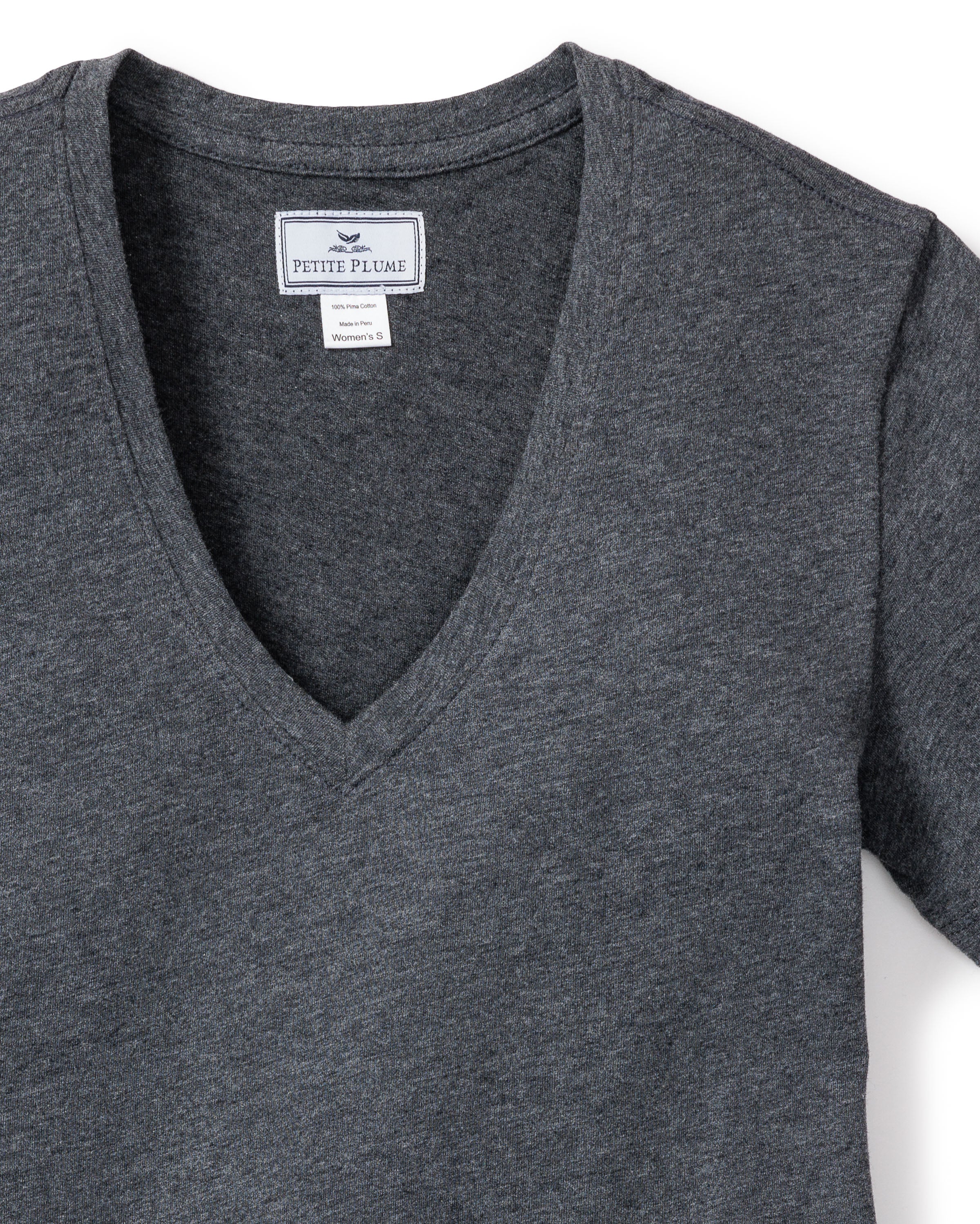 The Womens Pima Short Sleeve Top in Dark Heather Grey, size S, is crafted from breathable Peruvian Pima cotton by Petite Plume and displayed flat on a white background.