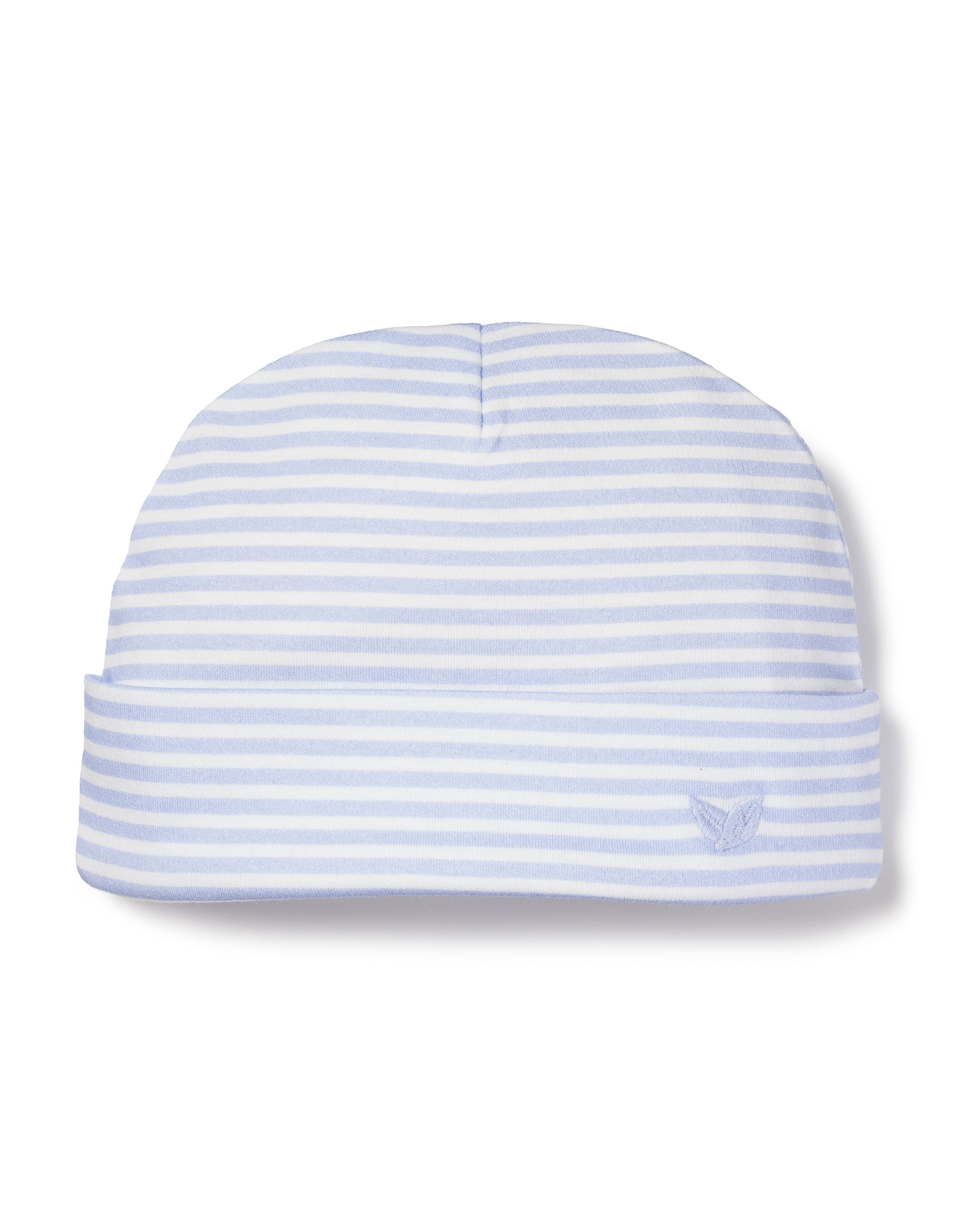 The Babys Pima Hat in Blue Stripes by Petite Plume is crafted from soft Peruvian Pima Cotton and features a small embroidered butterfly logo on the folded brim, making it the perfect baby hat choice.