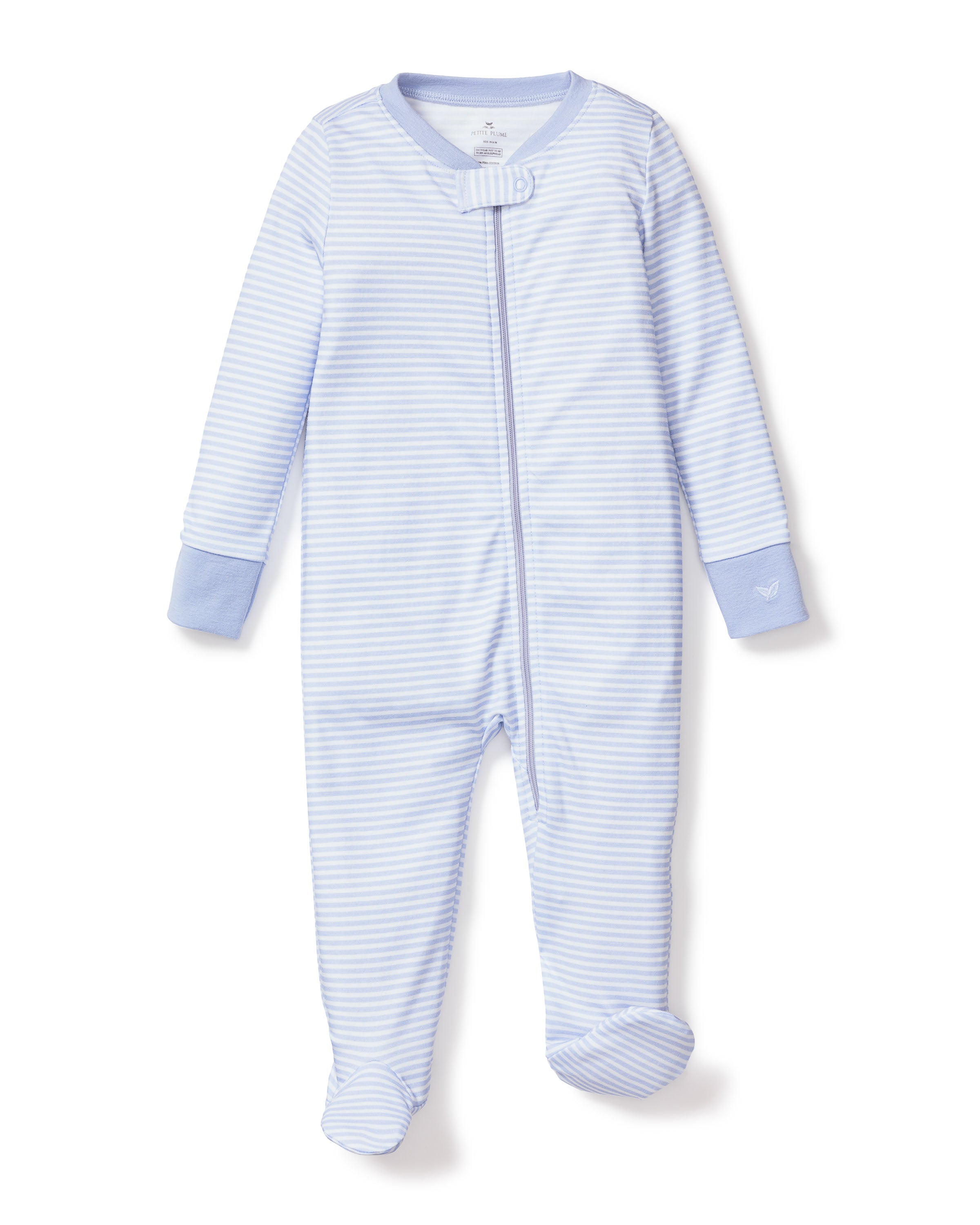 The Petite Plume Babys Pima Romper in Blue Stripes offers long sleeves, footed bottoms, a front zipper, and light blue cuffs. Made from 100% Pima cotton, it ensures ultimate comfort.