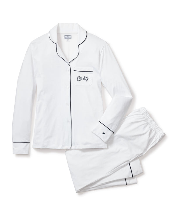 Women's Pima White Pajama Set with Off Duty Embroidery