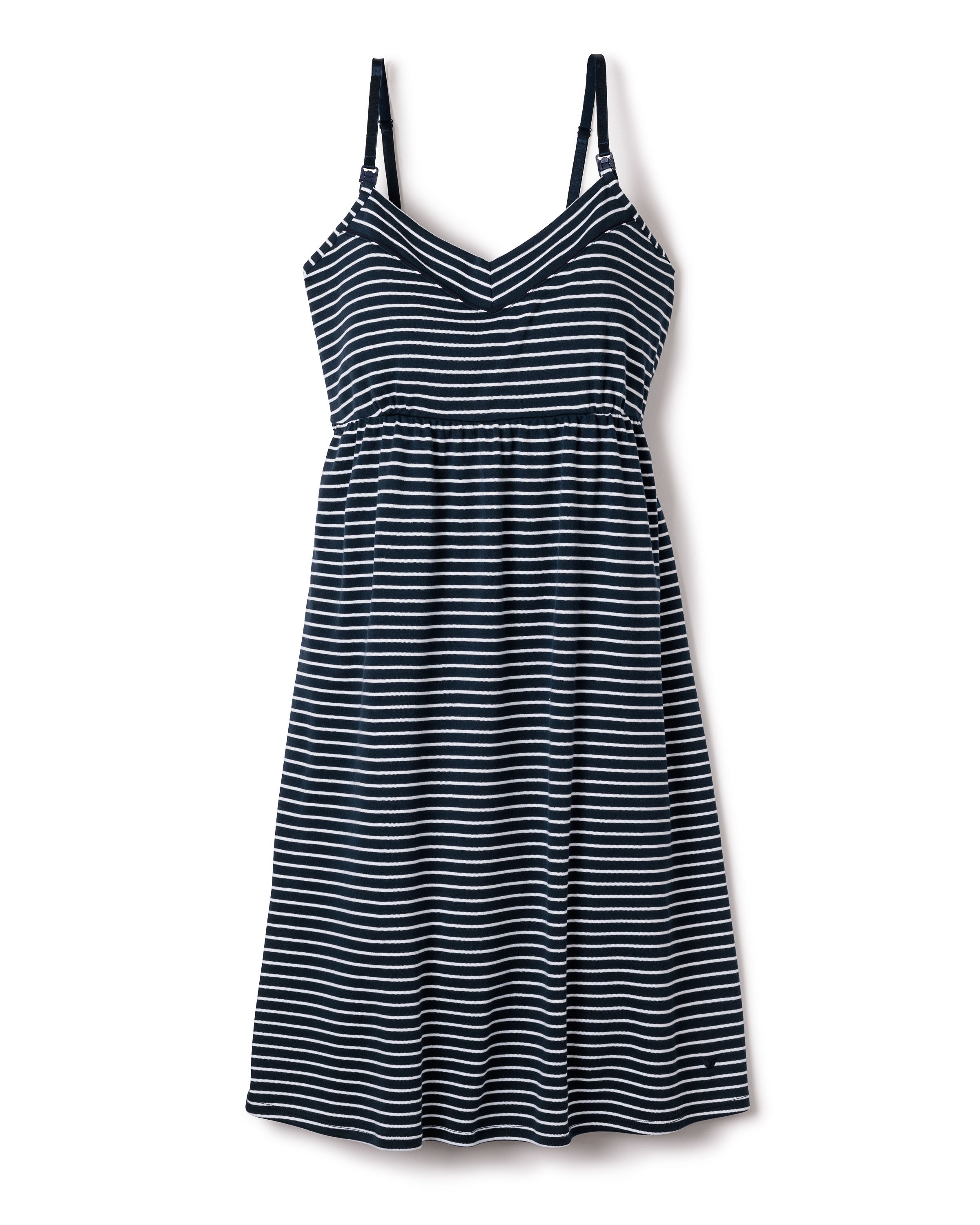 Petite Plumes Womens Pima Maternity Nightgown in Navy Stripe is a stylish black and white striped sleeveless dress with thin straps, a fitted bodice, flared skirt, V-neckline, and waist seam—perfectly combining comfort and elegance for nursing mothers.