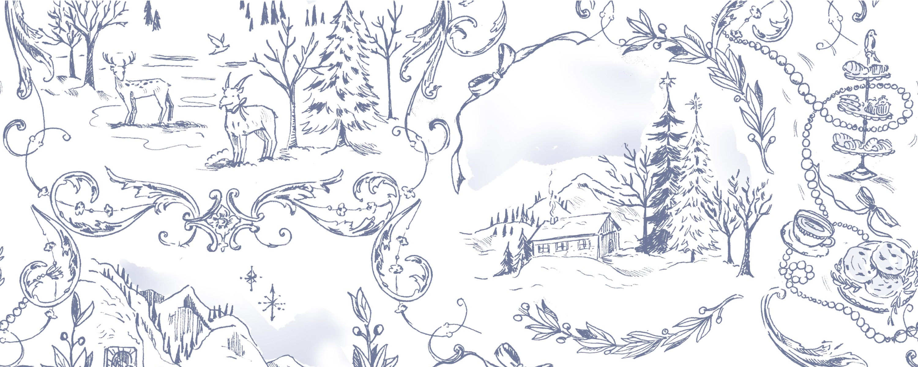 Blue and white sketch-style illustration featuring deer in a snowy forest, a cabin among mountains, ornate swirls, winter trees, and delicate vintage ornaments and desserts.