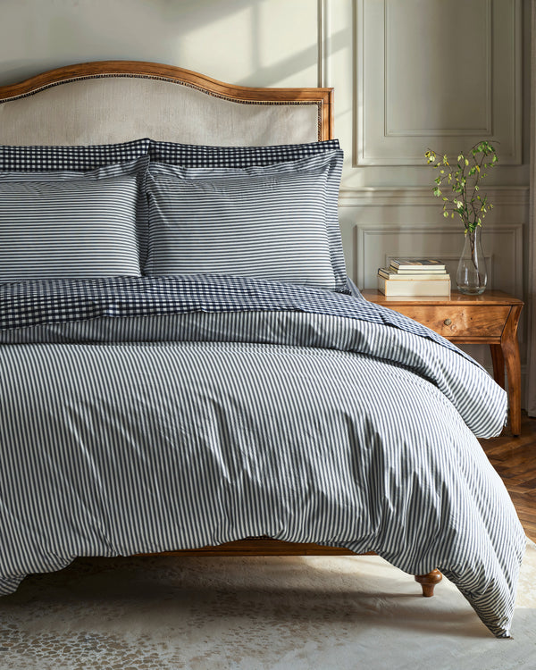 Luxe Premium Percale Duvet Set in Navy French Ticking