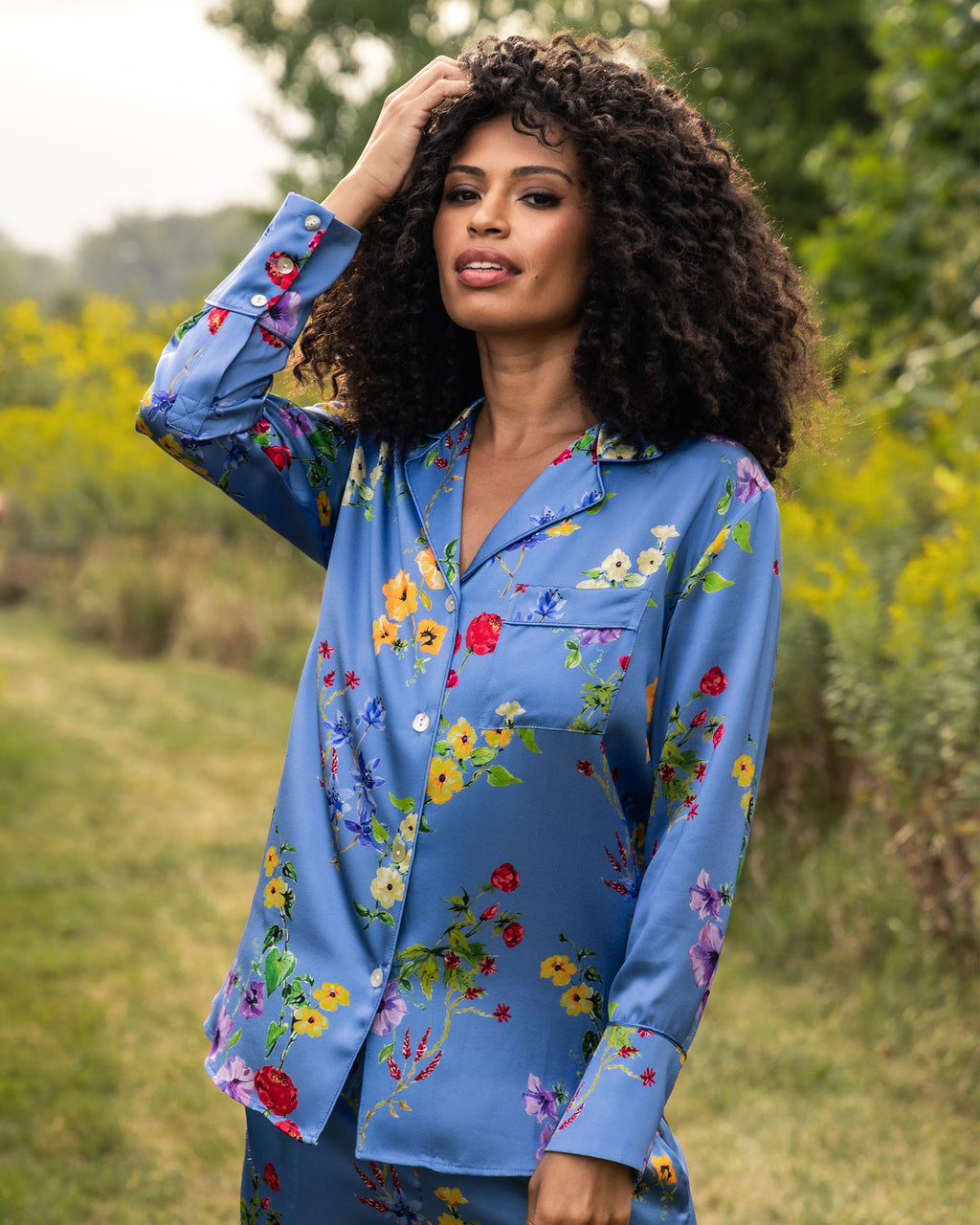 Women's Silk Pajama Set in Brilliant Botanical Azure Petite Plume