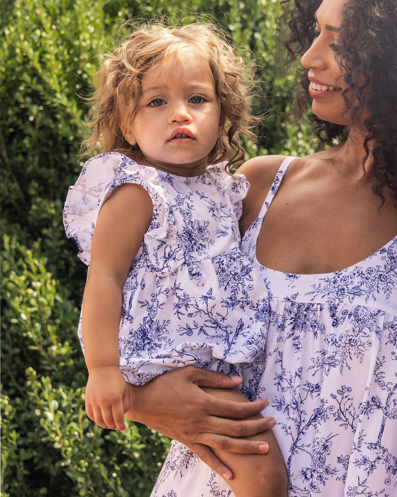 Baby's Twill Ruffled Romper in Timeless Toile