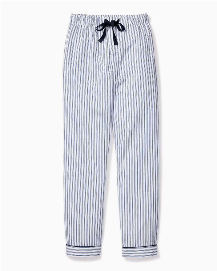 Blue and white vertically striped pajama pants with a black drawstring at the waist, displayed flat on a white background. The cuffs have a matching striped pattern.