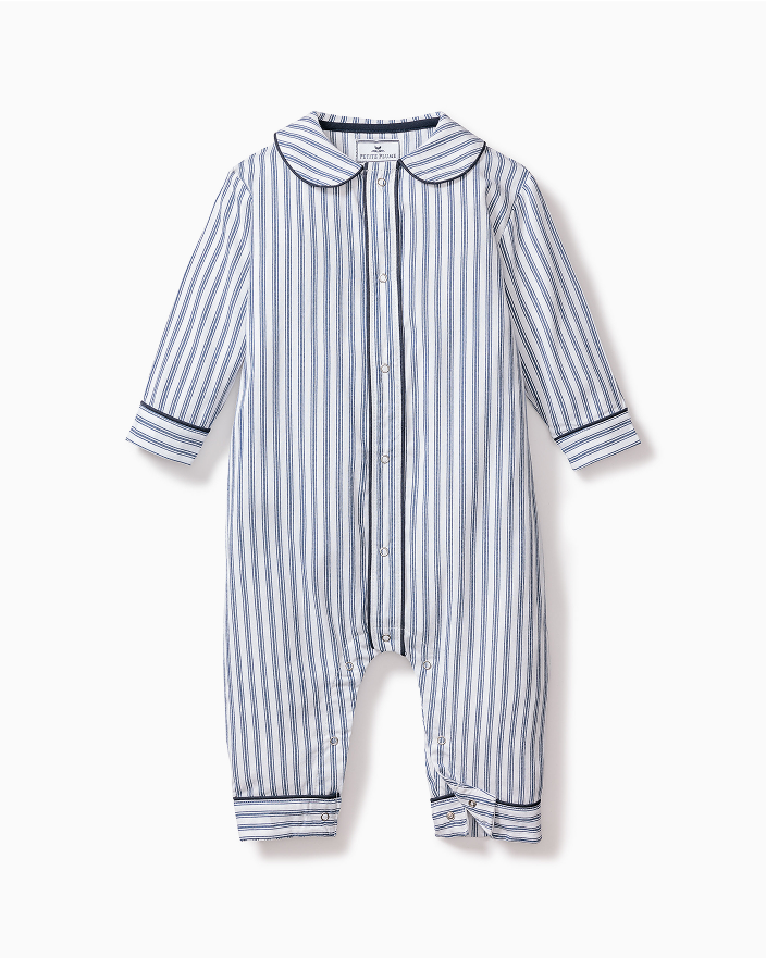 A long-sleeved baby romper with vertical blue and white stripes, button-down front, and a rounded collar. The cuffs and ankles have matching striped details.