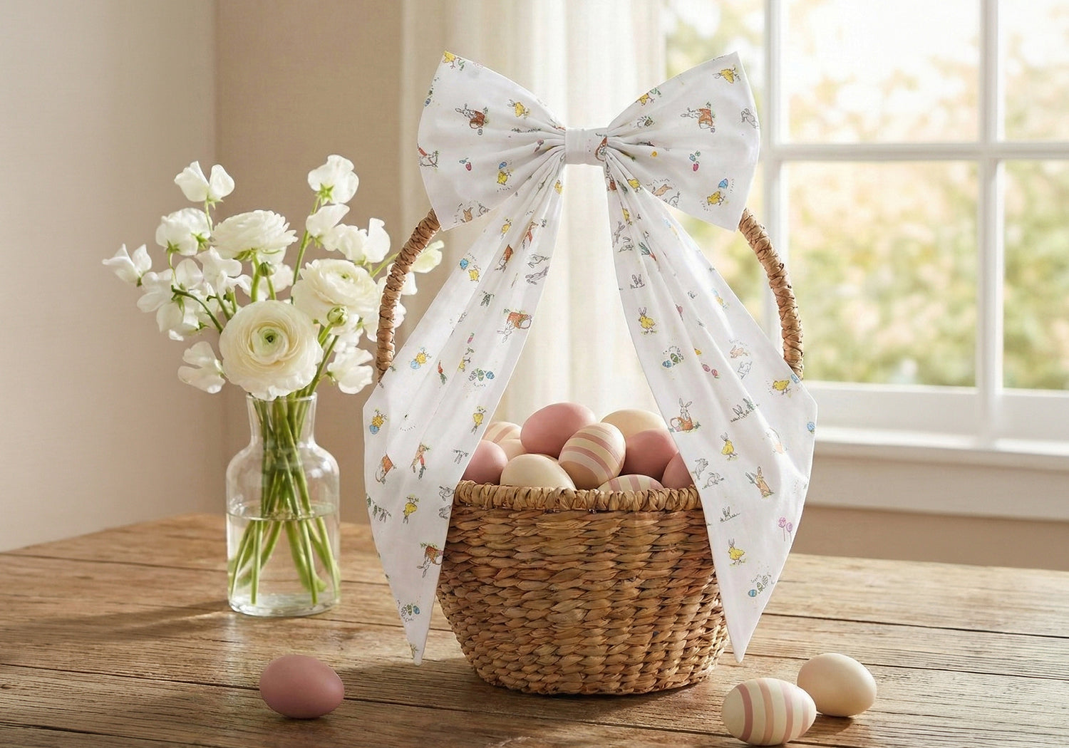 A wicker basket filled with pastel-striped and solid-colored eggs sits on a wooden table. The basket has a large white bow with a bunny print. A vase of white flowers and a bright window are in the background.