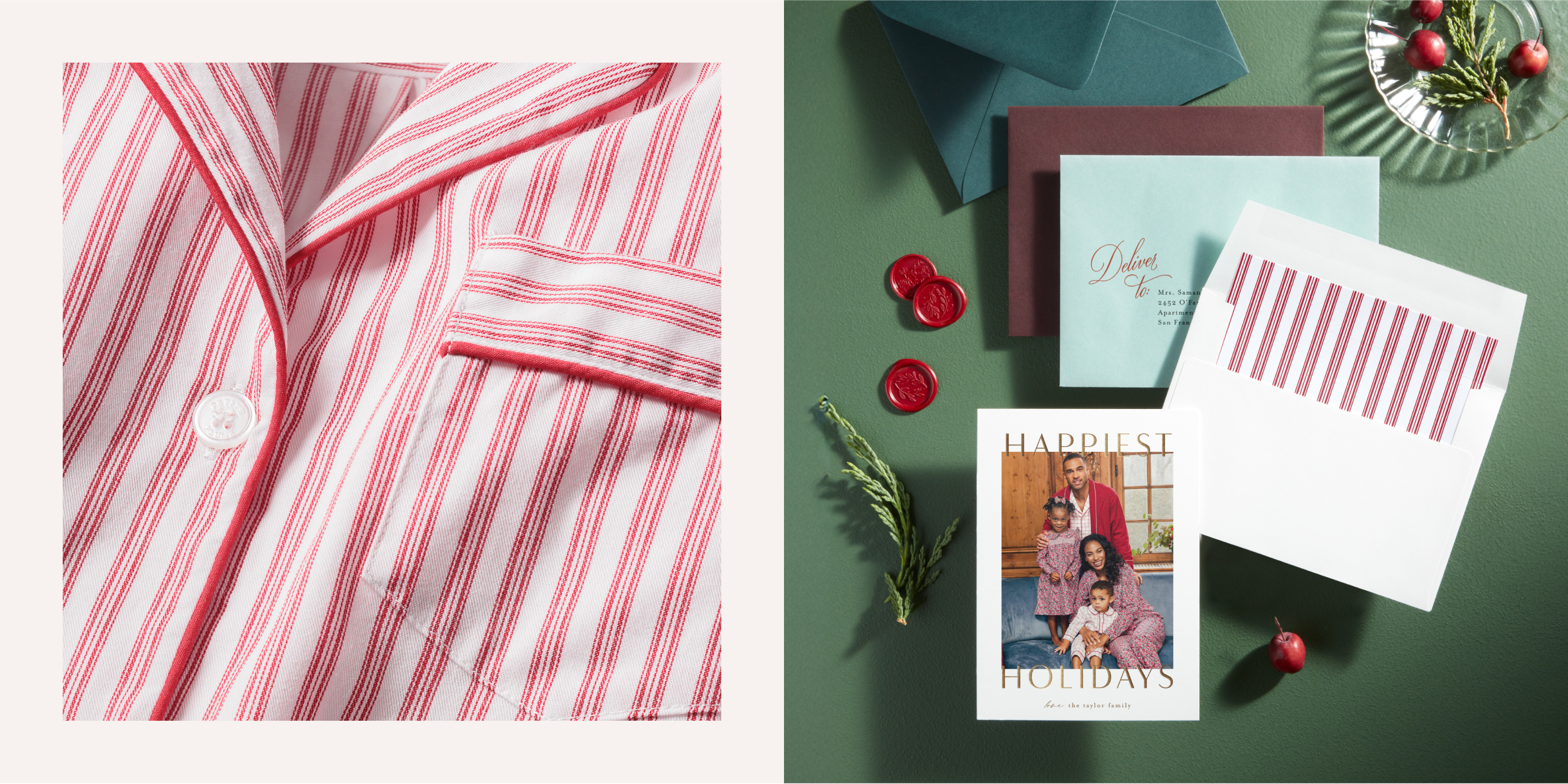 Close-up of red and white striped pajamas next to holiday cards, envelopes, red wax seals, rosemary, cranberries, and a card featuring a family in matching striped pajamas.