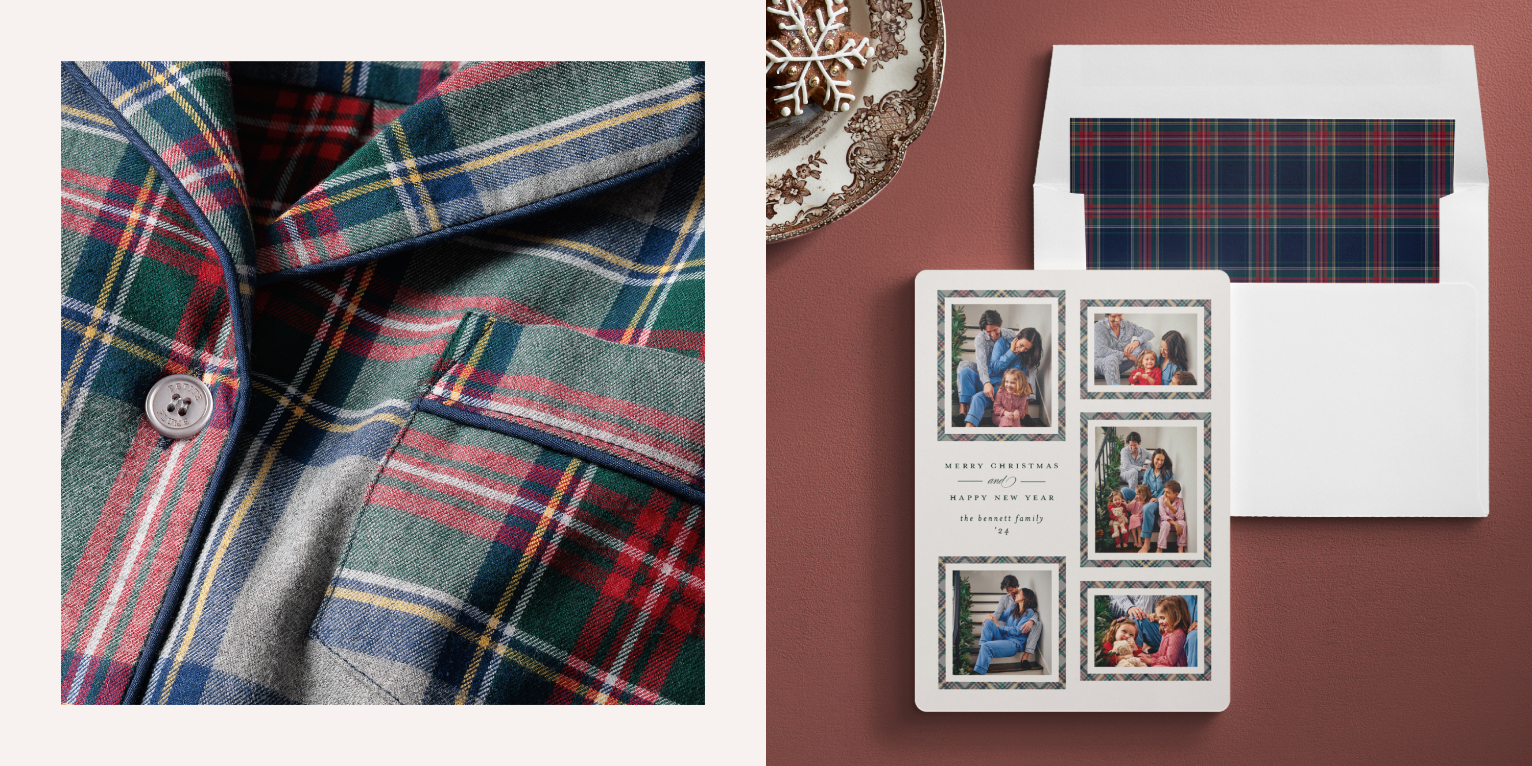 A close-up of plaid fabric in red, green, blue, and white is on the left. On the right, a holiday card with family photos and a plaid-lined envelope sits on a brown surface next to a plate with a decorative edge.