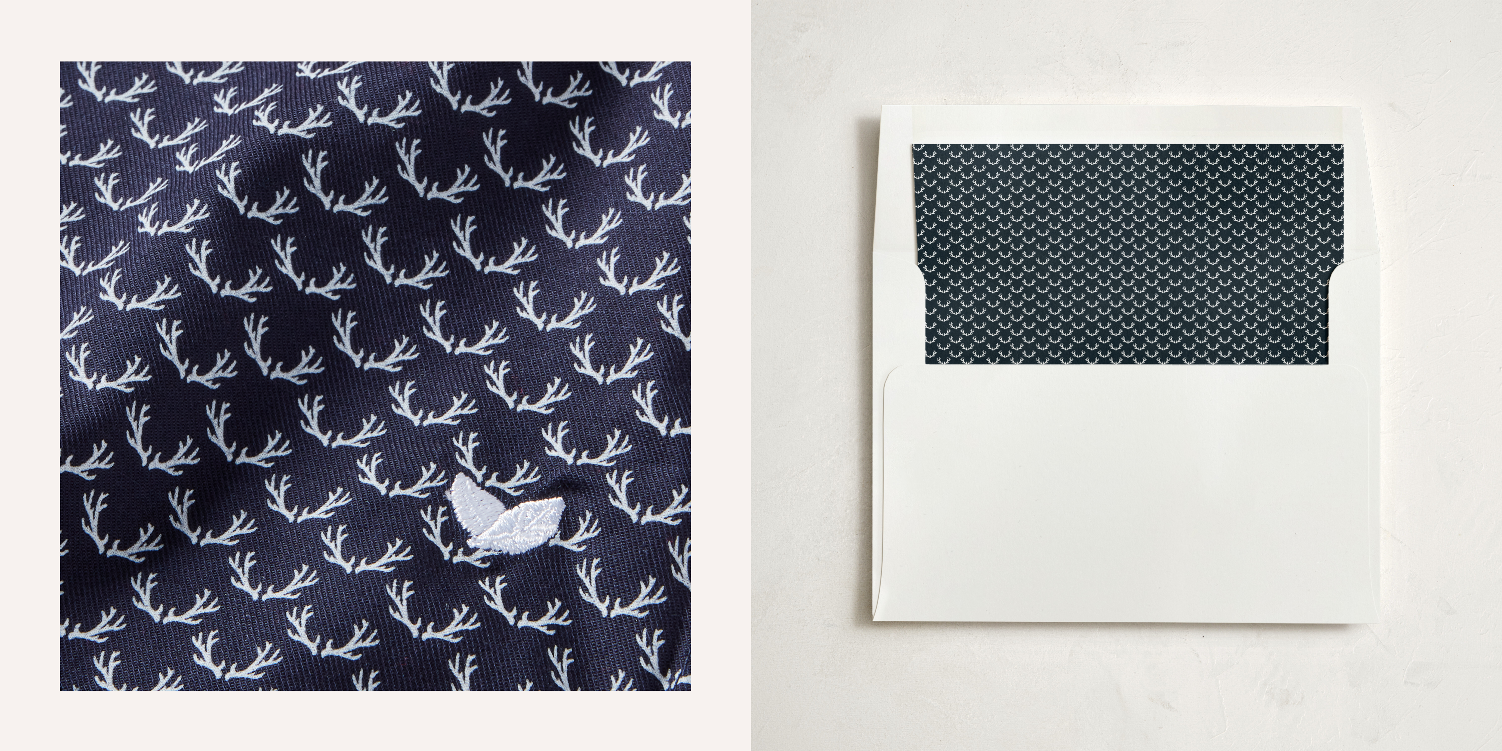 A close-up of navy blue fabric with a white branch pattern on the left and a white envelope with a dark geometric patterned liner on the right, both on light backgrounds.
