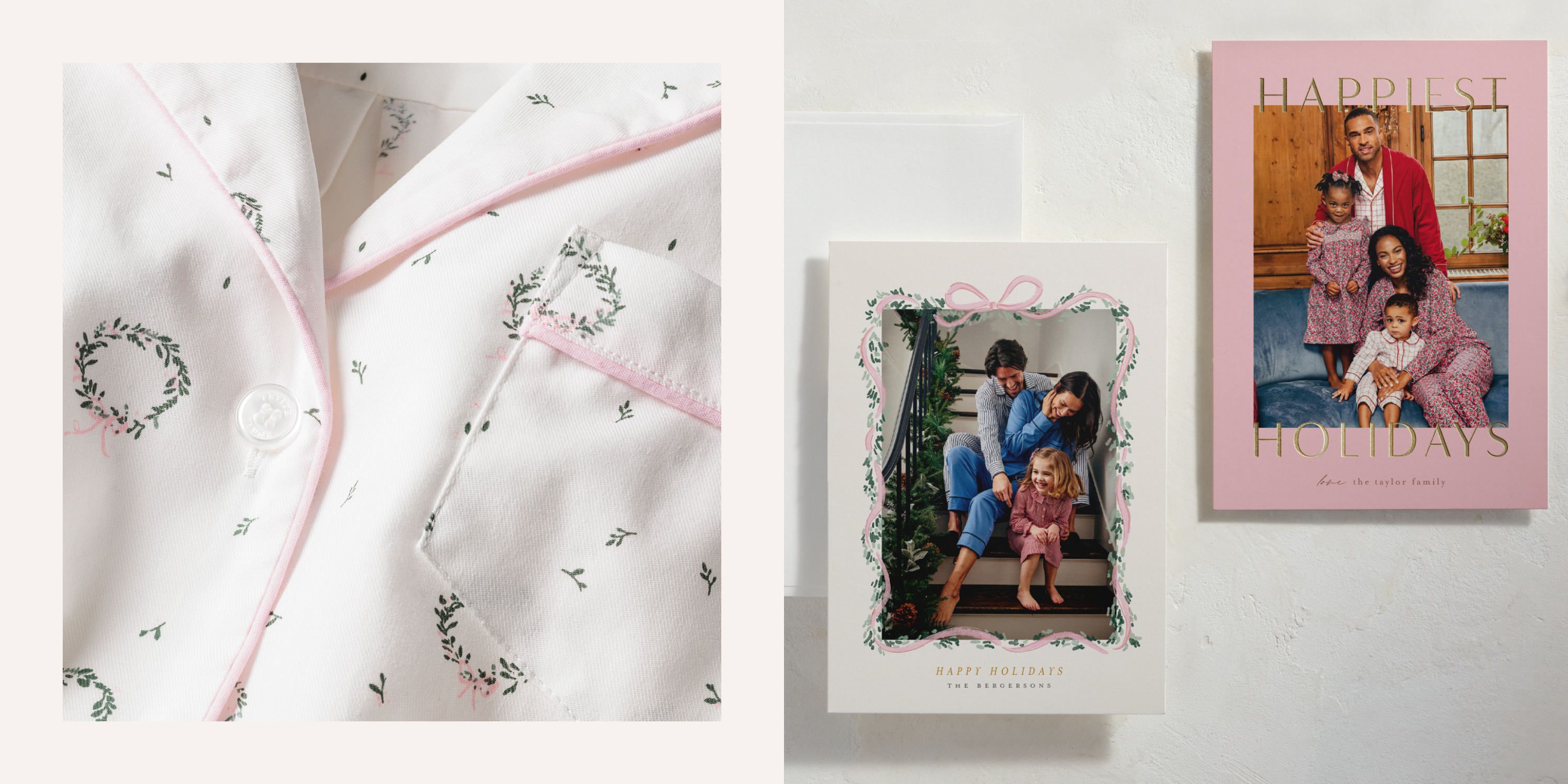 Close-up of white pajamas with green wreaths and pink trim, next to two holiday cards featuring families in matching pajamas; one card shows a woman and child, the other a family of four.