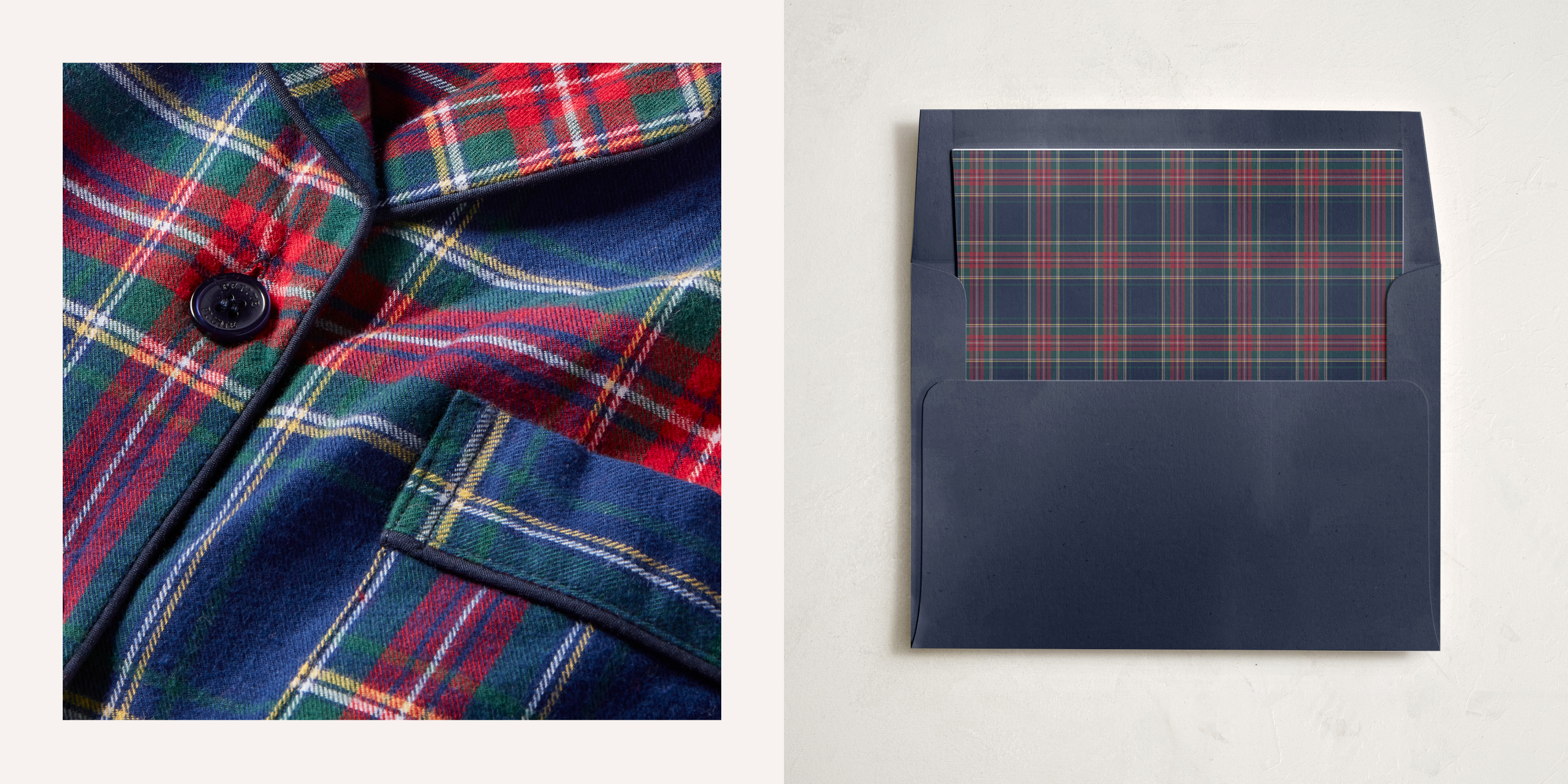 A close-up of a red, green, and blue plaid shirt is shown on the left, and on the right, a navy envelope is open to reveal plaid-patterned paper inside.