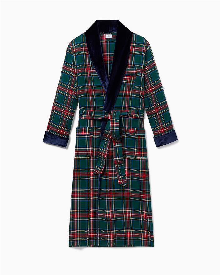 A green, red, and blue plaid robe with a dark navy shawl collar, matching cuffs, a front pocket, and a belt tied at the waist.