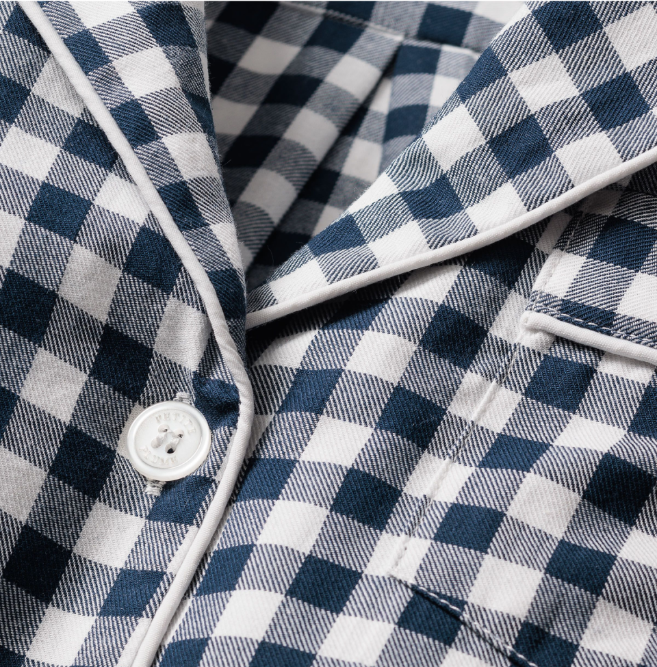 Close up with Navy and white gingham pajama top