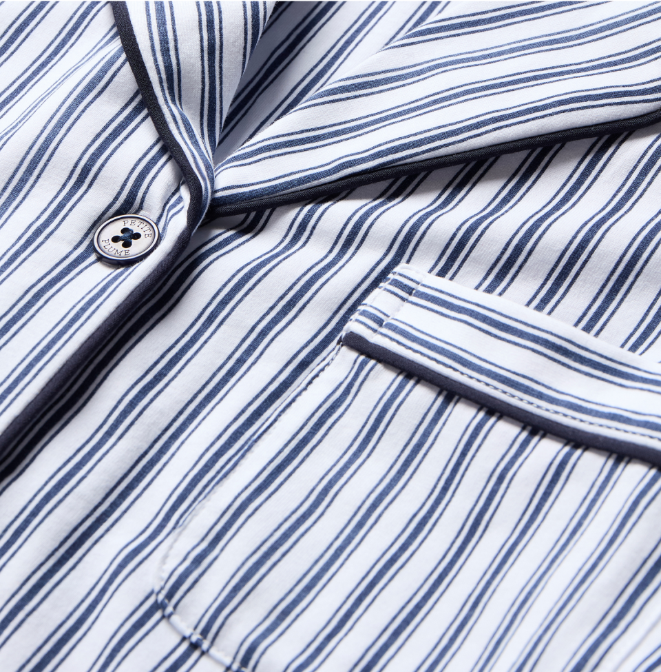 Close up with Navy and white stripe pajama top