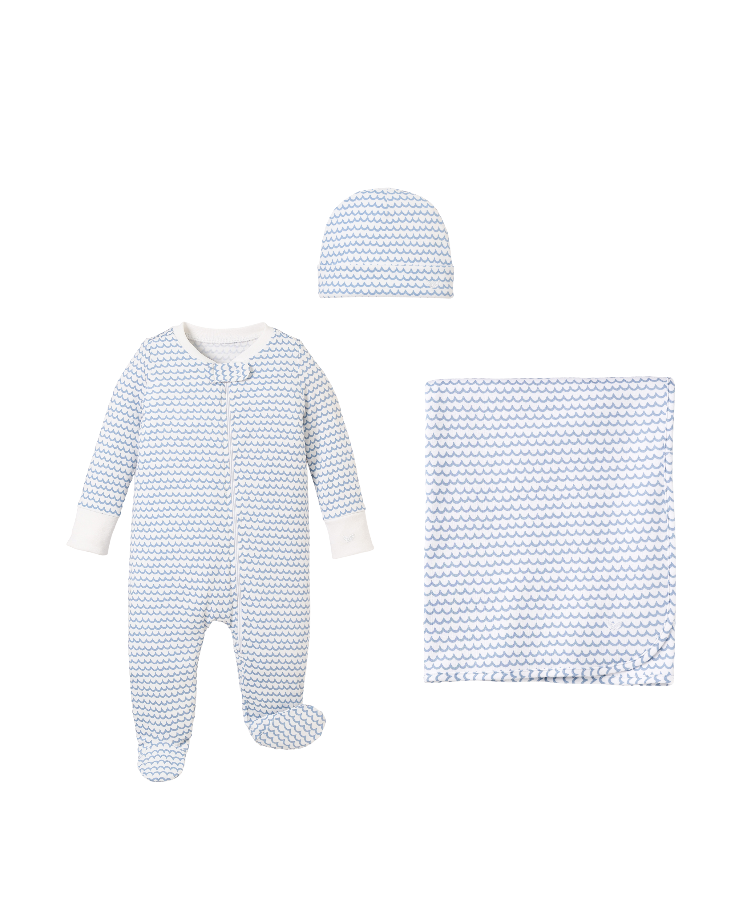 The Welcome Home Baby Set - La Mer by Petite Plume includes a long-sleeved, footed romper, a matching hat, and a blanket. All items are white with a blue zigzag pattern.