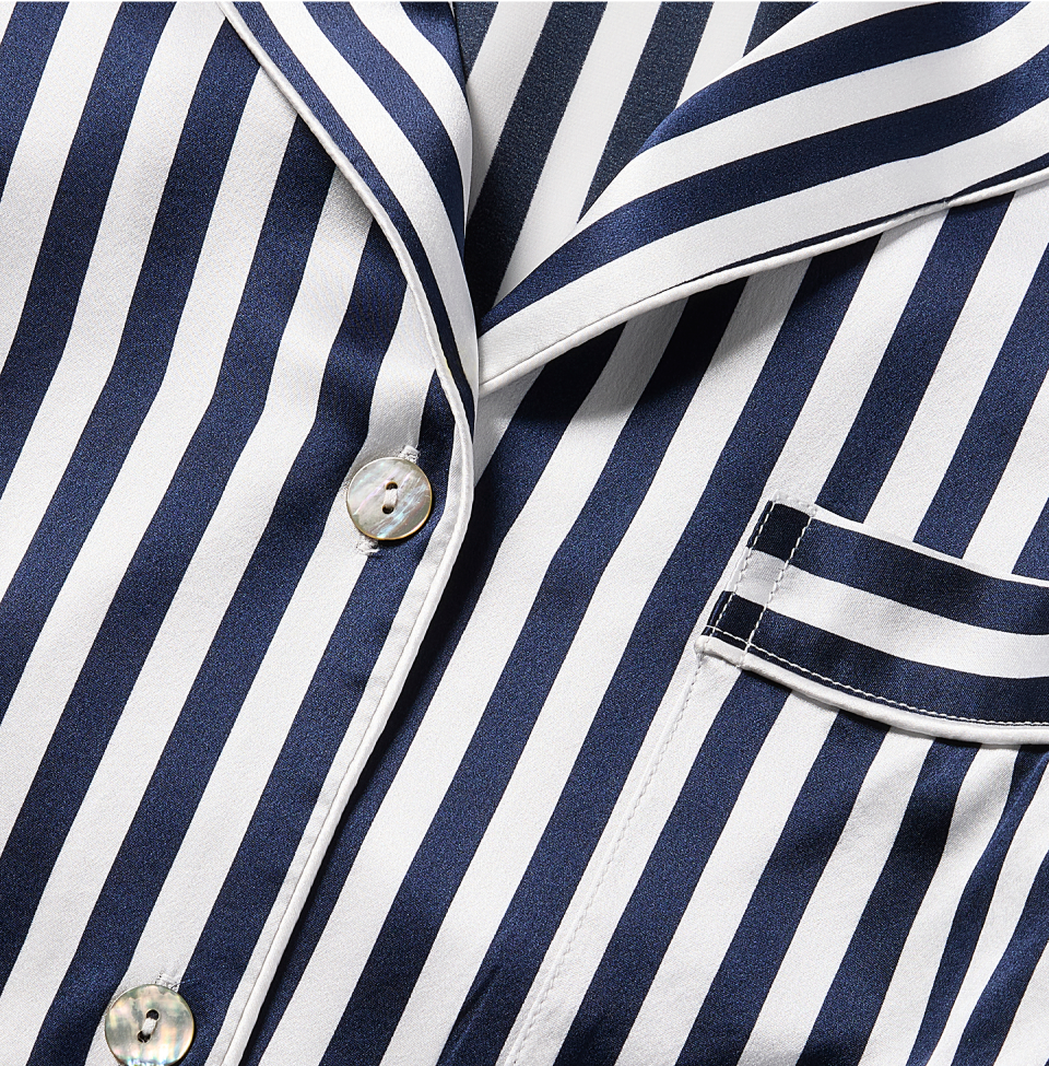Close up of White and Navy stripe pajama top