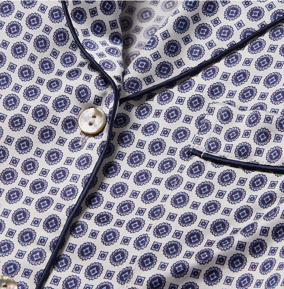 Close up of Navy design on White pajama top