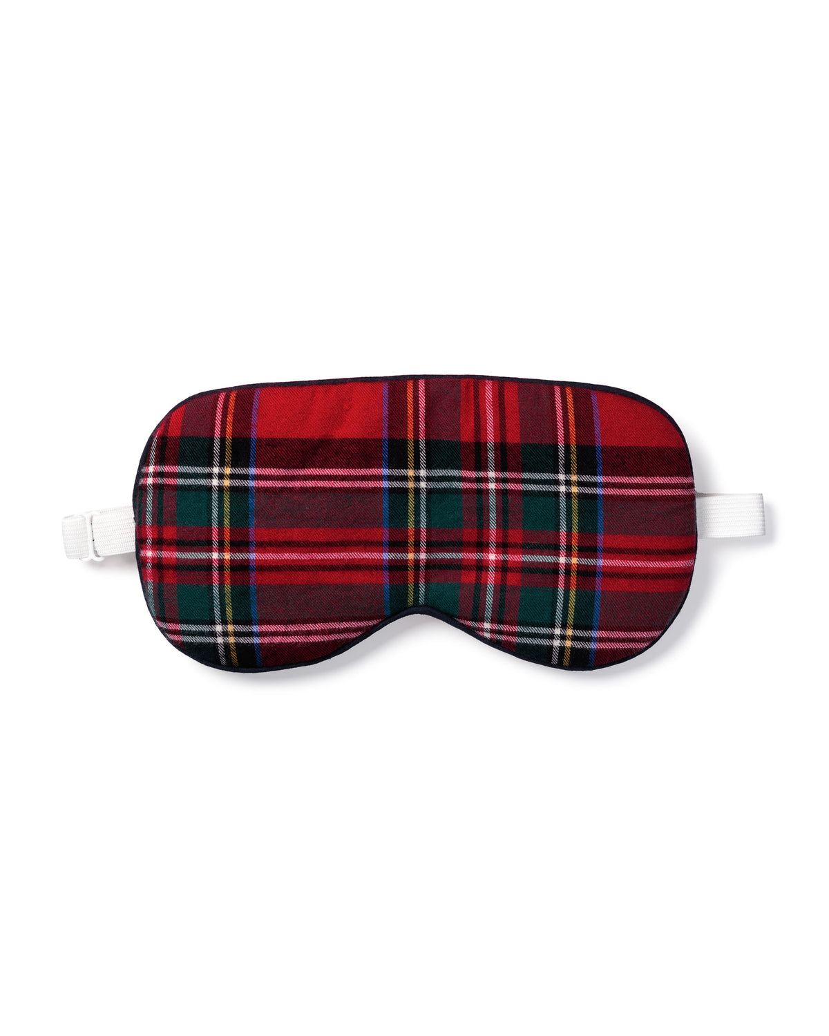 The Adult's Brushed Twill Sleep Mask in Imperial Tartan features a red plaid design with green, black, and white stripes and a white elastic strap, shown on a white background.