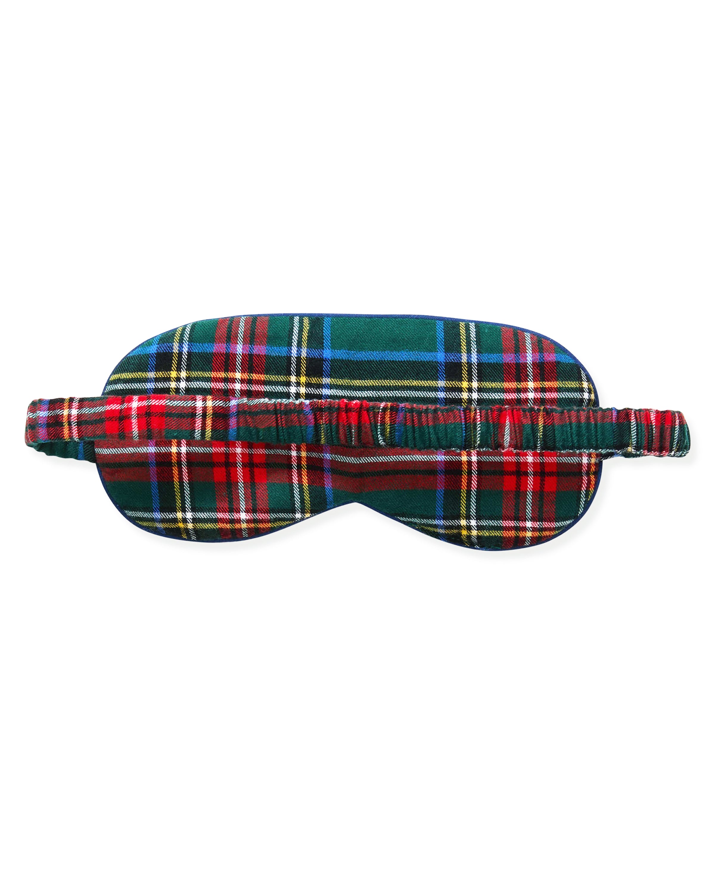 The Adult's Twill Sleep Mask in Kensington Tartan features a green, red, and blue plaid pattern, an elastic strap, and a small white side tag, shown against a white background.