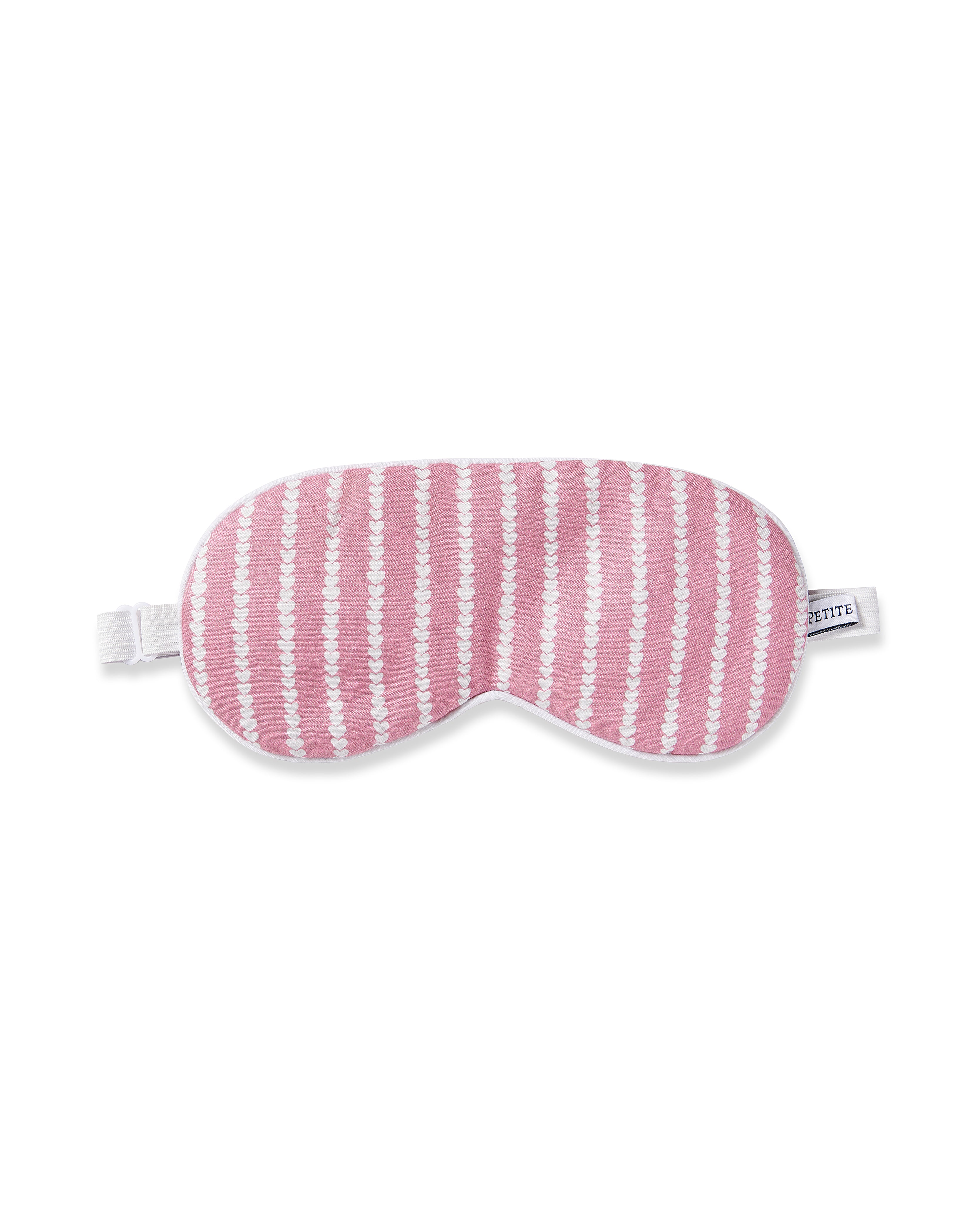 Petite Plumes Adult Twill Sleep Mask in Love Lines, featuring pink fabric with white wavy stripes and an adjustable strap, is a charming gift for monogram lovers. Its perfect for pairing with matching eye masks, offering both comfort and style for a restful nights sleep.