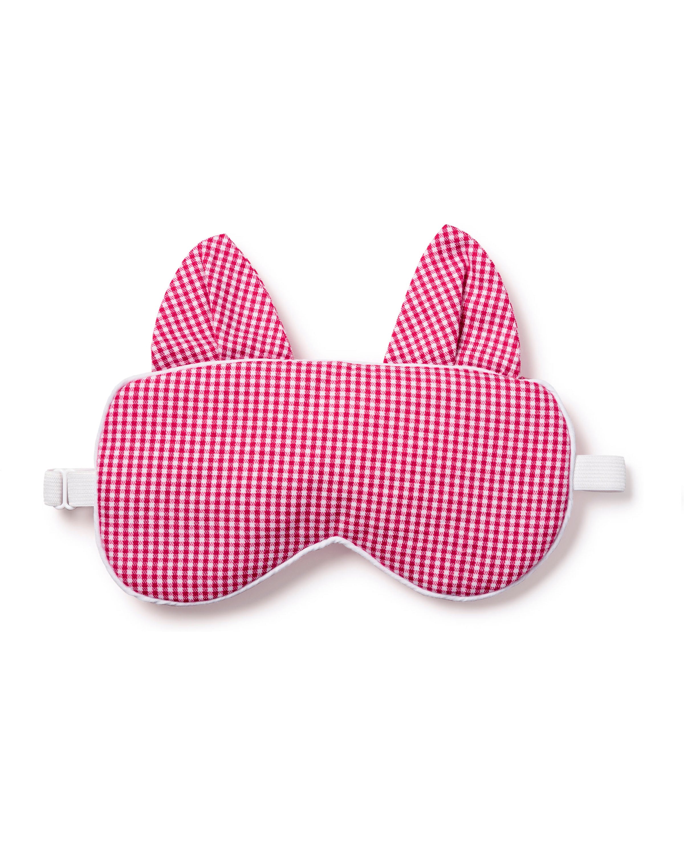 The Adults Flannel Kitty Sleep Mask in Red Mini-Gingham by Petite Plume features charming fabric cat ears and an adjustable strap. Its part of a set, perfect for pairing with matching eye masks for a delightful monogrammed gift experience.