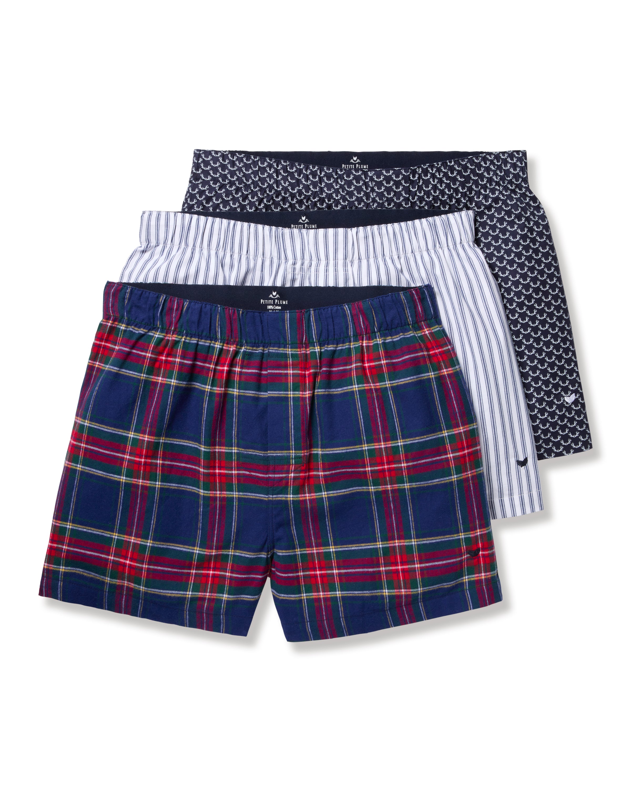 Petite Plume Men’s Twill 3 Pack Boxers in Windsor Tartan features classic-fit boxers in red/navy plaid, white with navy stripes, and navy with a white geometric print, all crafted from soft woven cotton twill.